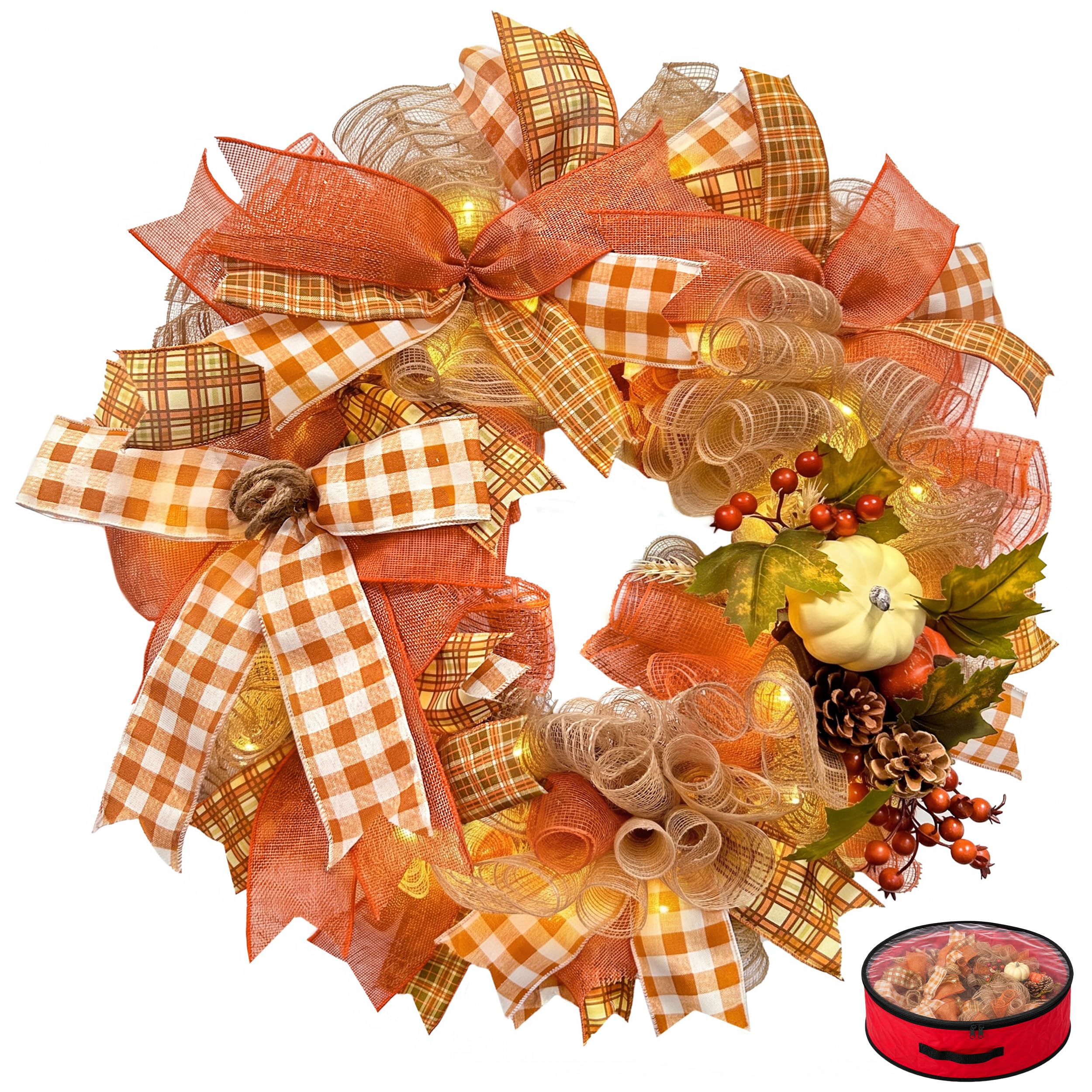 Presentastic 24 Inch Fall Wreaths for Front Door, Pumpkin Autumn Wreath | Handmade Door Wreath with Storage Bag & Berries and Pinecones, Fall Mesh Wreath for Home Porch Thanksgiving Wall