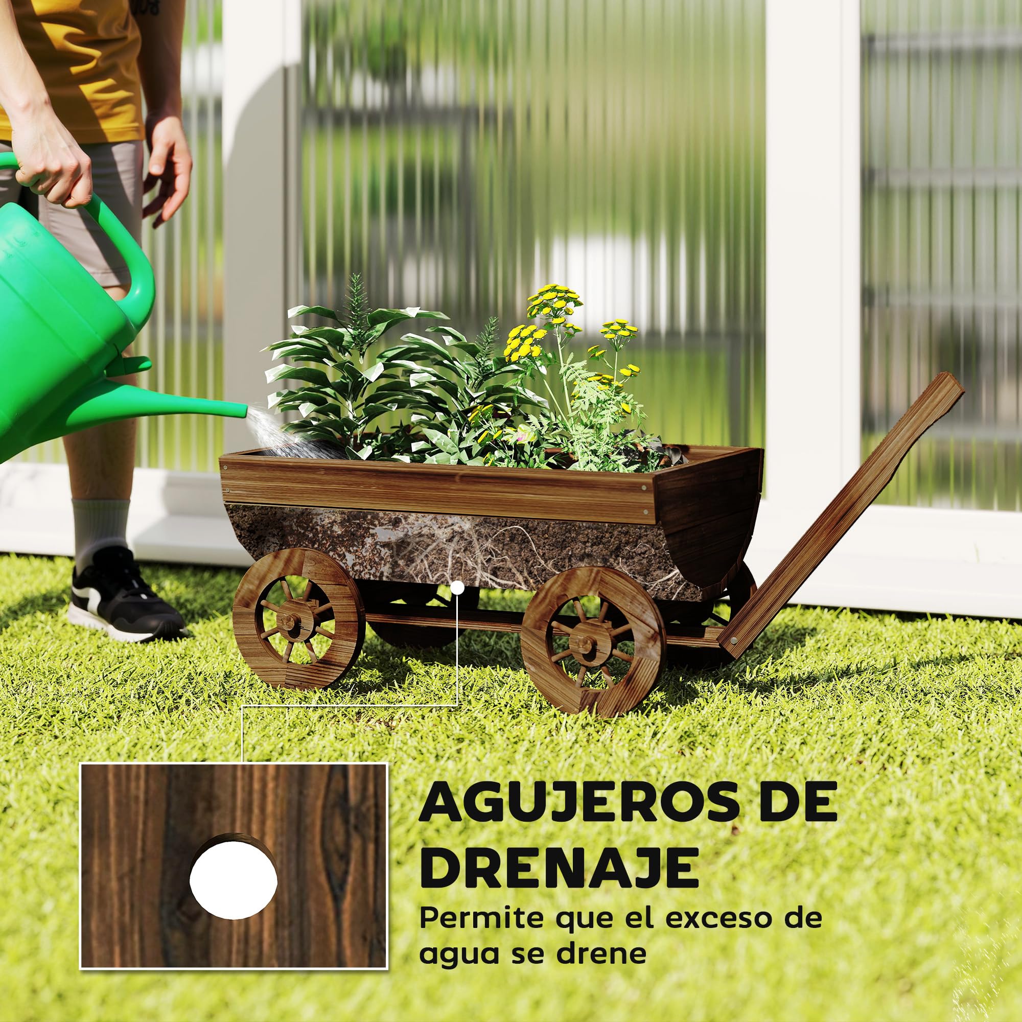 Outsunny Carrito de Madera Decorativa con 4 Ruedas y Mango 115x40x54,5 cm | Jardinera Exterior Móvil con Orificio de Drenaje, Macetero Exterior para Cultivos, Plantas, Jardín, Terraza, Carbonizado