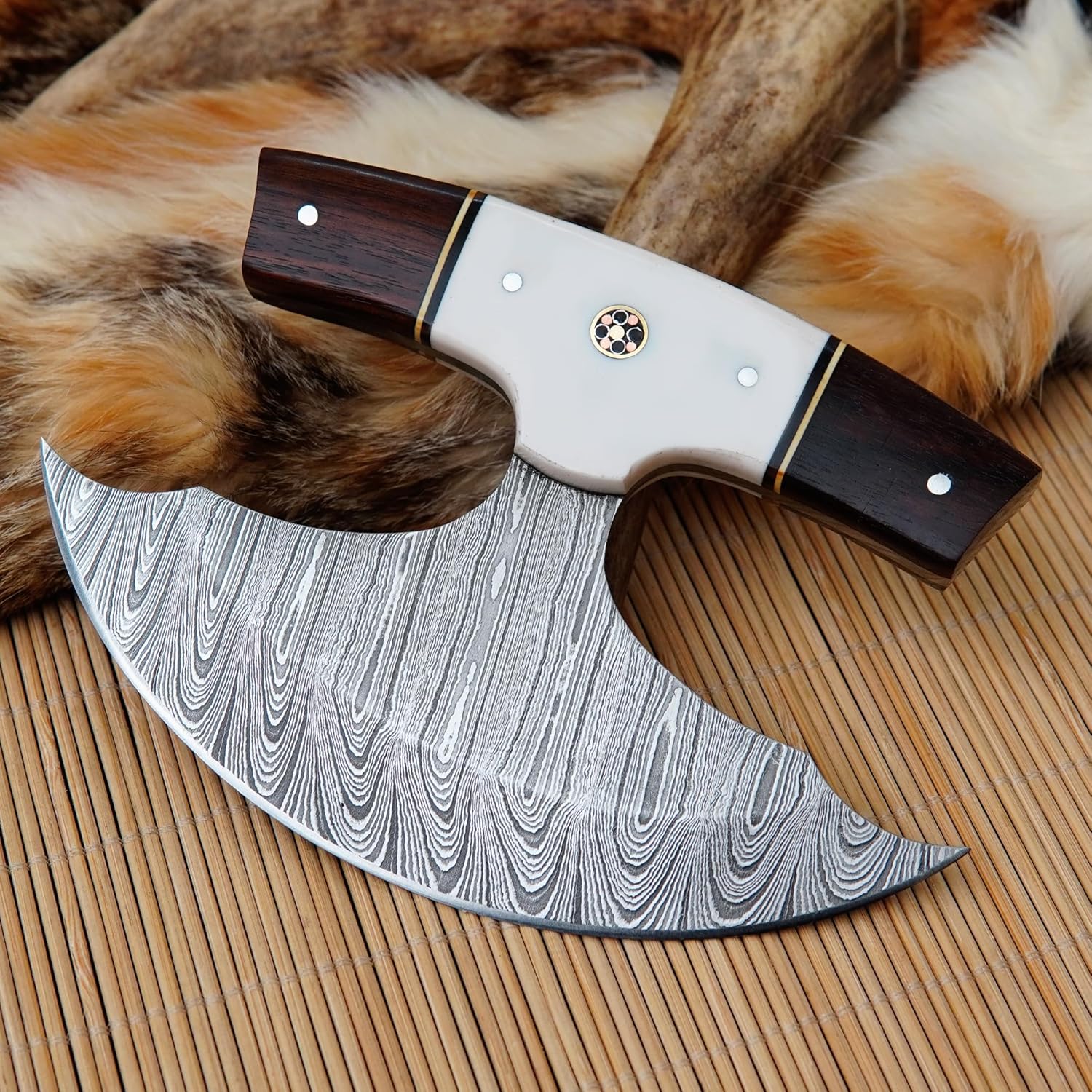 Custom Handmade Damascus Steel Ulu Knife, Alaskan Ulu with Leather Sheath, Multi-Purpose Alaska Knife for Pizza Cutting, Chopping, Rocking, Mincing & Slicing, Rosewood & Resin Handle