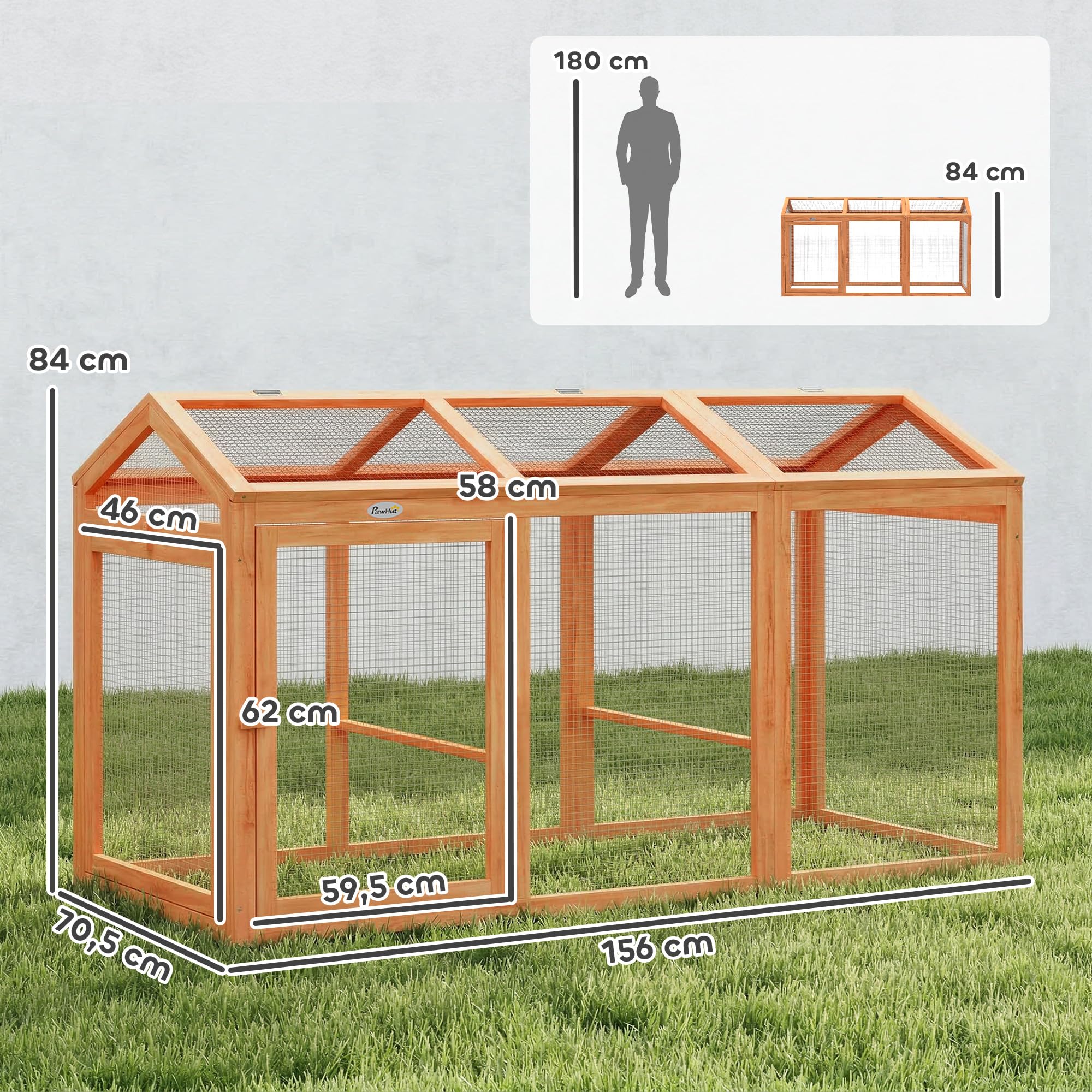 PawHut Hühnerstall mit Sitzstange Doppeltüren 156 x 70,5 x 84 cm Orange | Freilaufgehege, Hühnergehege, Hühnerkäfig aus Holz und Metall, Freigehege für 4 Hühner, Kleintiere