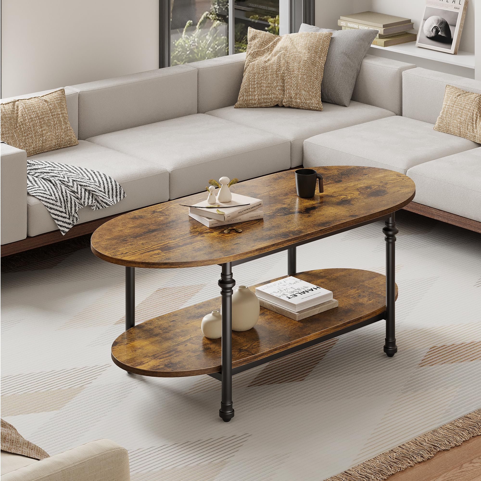 Mesa de centro ovalada de madera de 2 niveles – Patas metálicas estilo columna romana – Estante abierto – Diseño industrial rústico para salón, dormitorio u oficina – Mesa auxiliar vintage – vintage