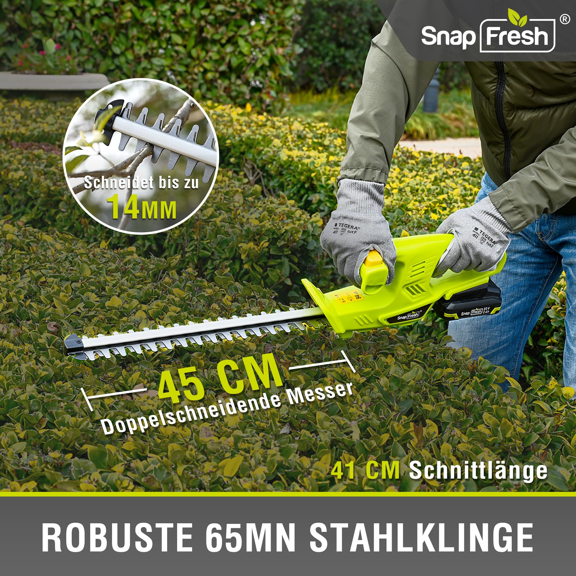 SnapFresh Akku-Heckenschere 20V, 45 cmSchnittlänge, Heckenschneider mit 2800SPM Doppelmesser aus Mn65 Stahl, Leichte Heckenschere für Hecken, Sträucher & Gartenarbeit, 2,0Ah Akku & Ladegerät Inklusive