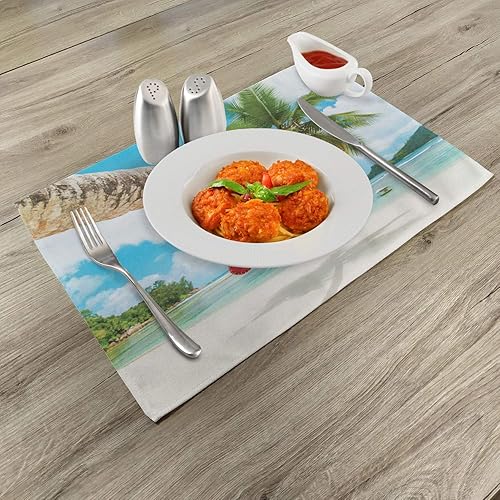 Miniatura 2 de Ambesonne Juego de 4 manteles individuales de Navidad, diseño de calcetín en la palmera en arena tropical, isla de playa, Maldivas, manteles