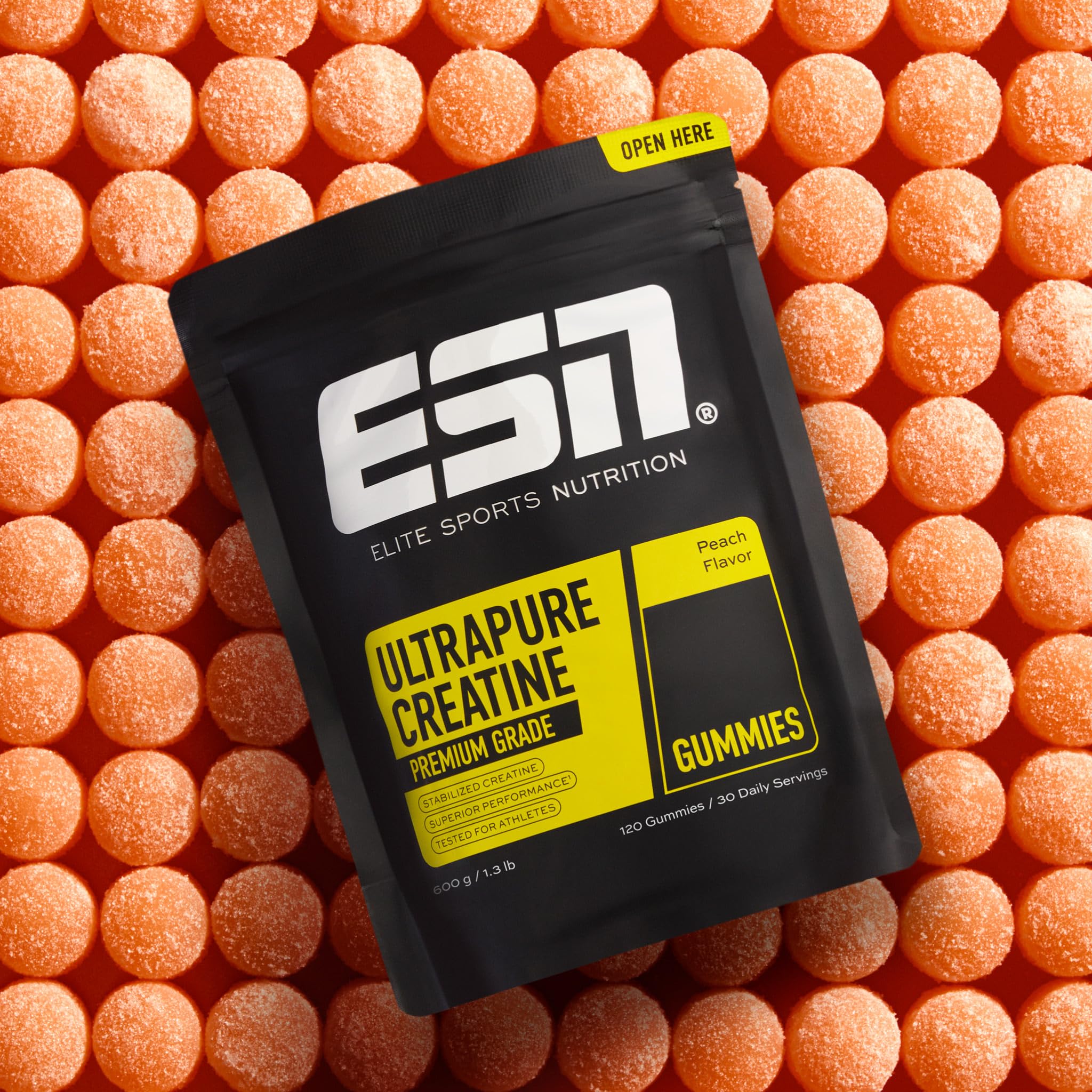 ESN Ultrapure Creatine Gummies, 120 Gummies, 30 Portionen, Peach, mit 3,4 g Kreatin Monohydrat pro Tagesportion