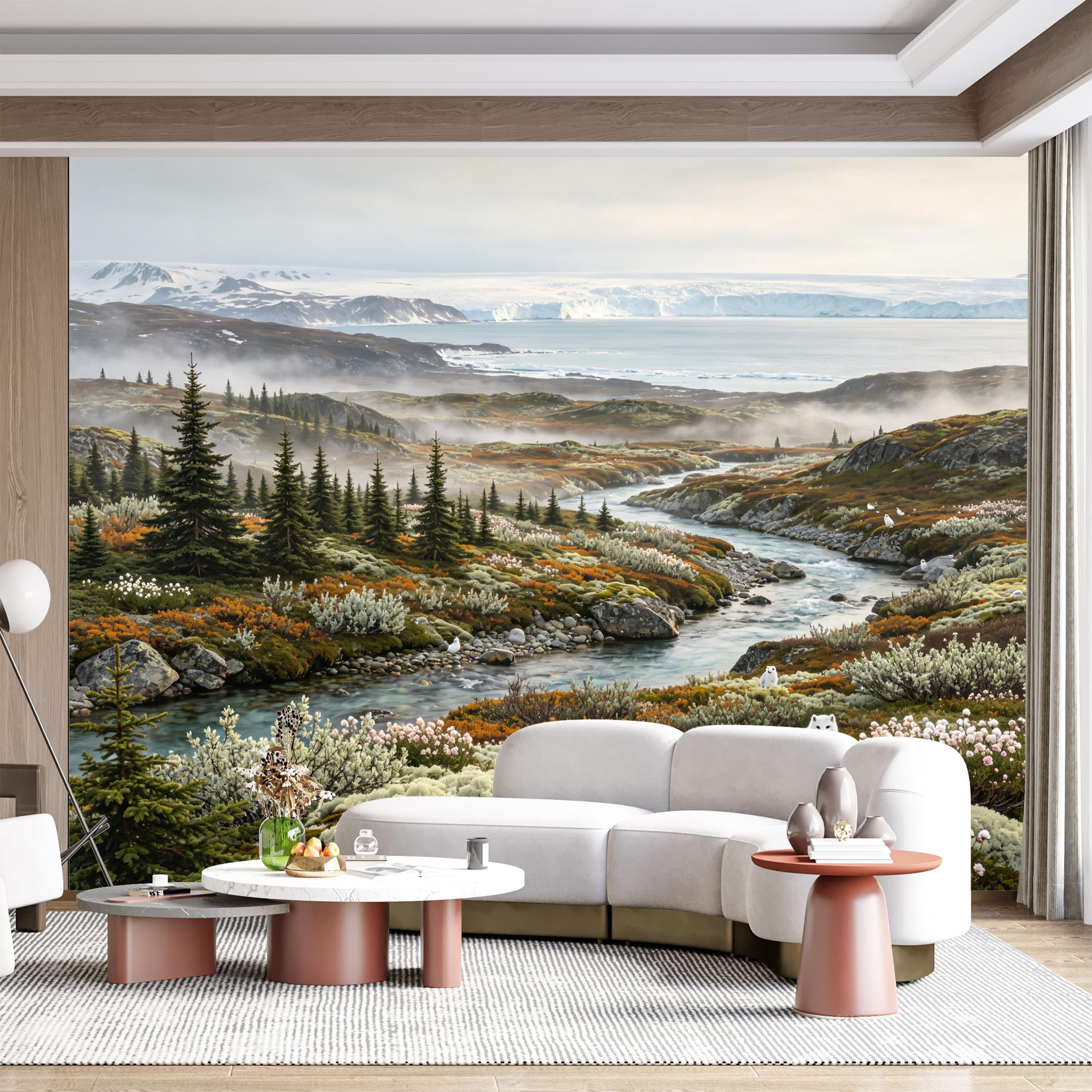 Custom Size Wall Mural Arctic Tundra Wildlife River Valley Landscape Watercolor SelfAdhesive Wall Fabric Removable for Home Office Decor