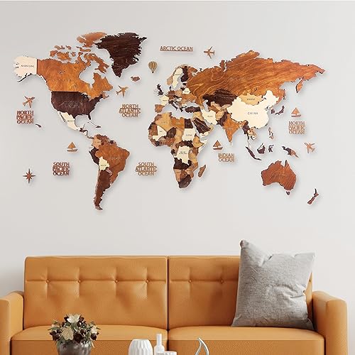 Wooden World Map, Wood Map, Wall Art Decor, Map of the World, 3D World Map, Large Map for Wall, Brown Color Wood Map, 3D Wood World Map (Large Map -