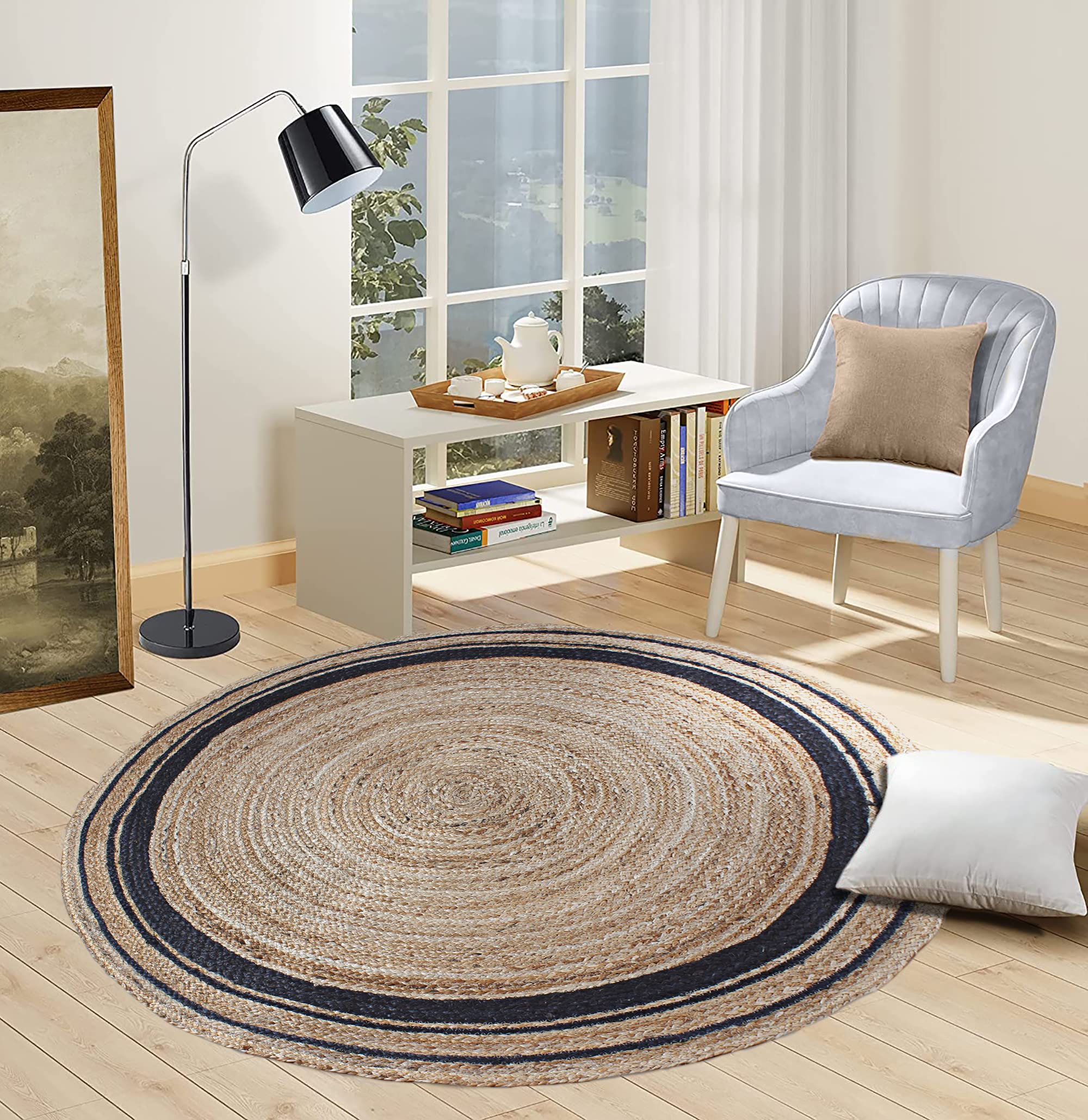 Tapis rond tressé fait à la main motif géométrique beige noir pour salle à manger