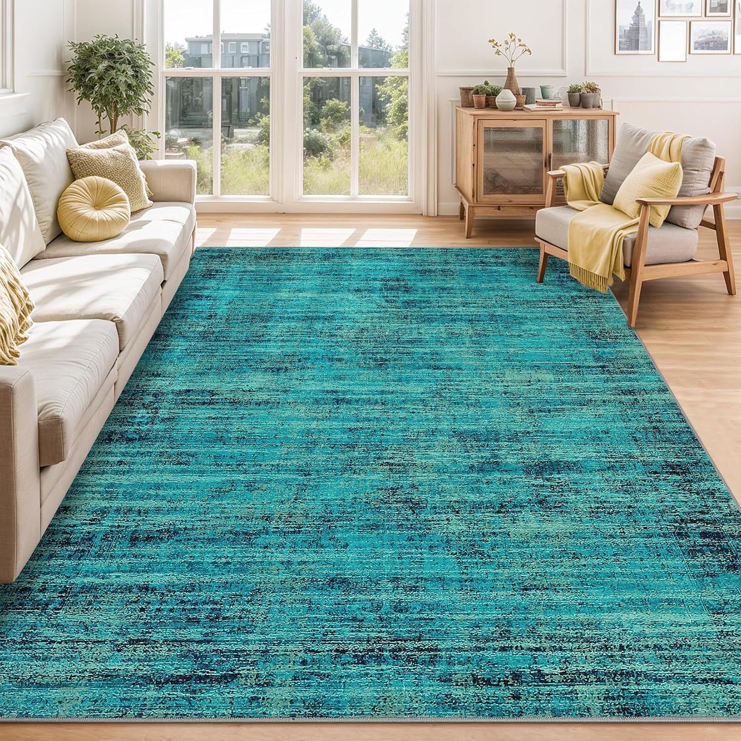 5x7 Washable Area Rugs for Living Room, Soft Vintage Distressed Large Bedroom Rug Foldable Indoor Floor Carpet, Retro Abstract Thin Non-Slip Throw Rugs for Bedroom Dining Room, Teal Multi