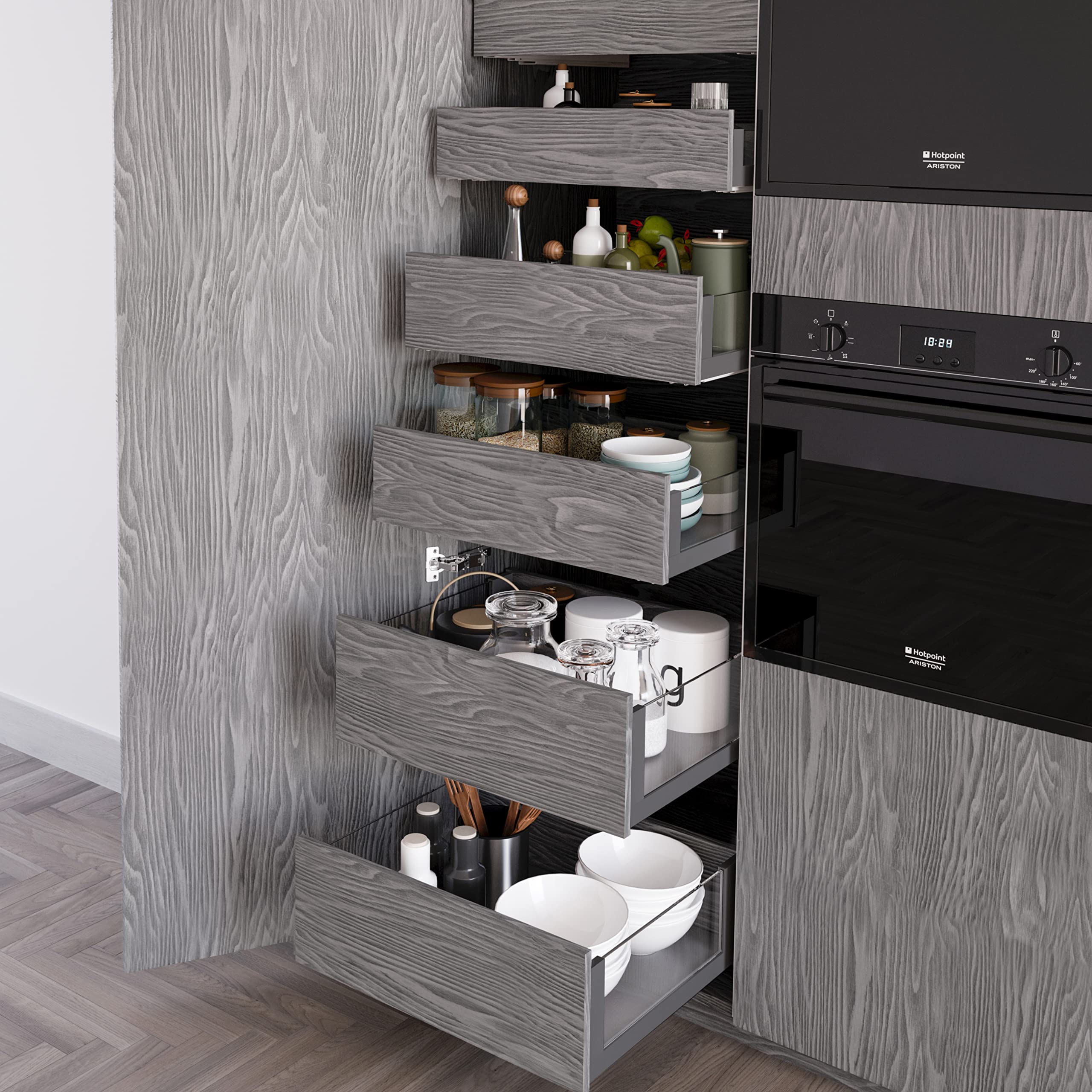 Emuca - Tiroir extérieur Vertex 40 kg hauteur 93 mm avec côtés en verre, 450 mm, Gris anthracite, Acier et Aluminium et Verre, 1 kit