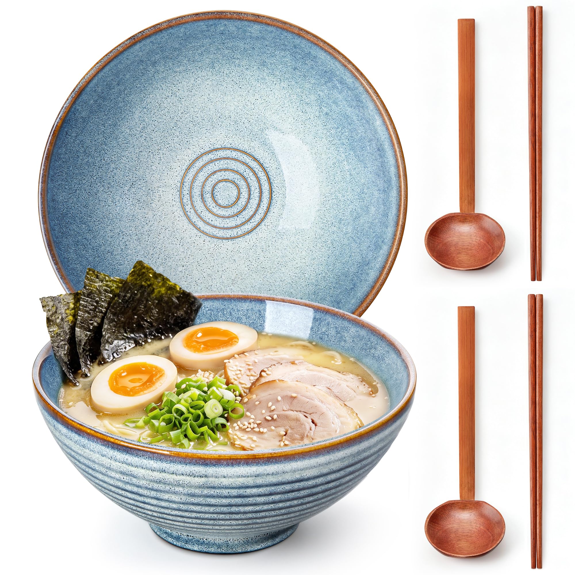 vancasso Bol Ramen Céramique 2 x 1350ml, Baguettes & Cuillères, Bleu Clair