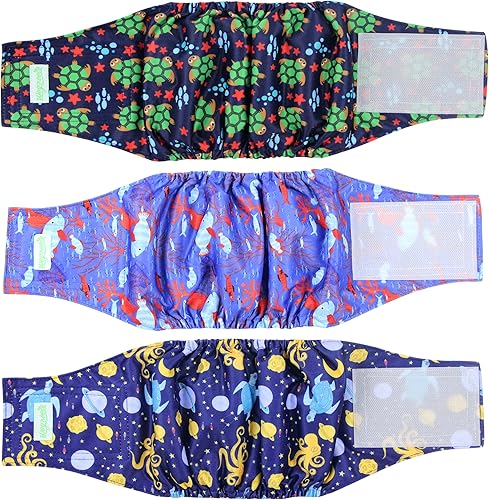 wegreeco - Pañales lavables para perros machos, estampado elegante, bandas envolventes para vientre, paquete de 3 (estampado de tortuga), talla L