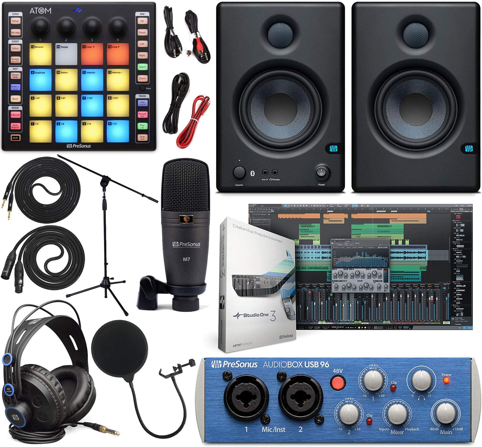 PreSonus AudioBox 96 Audio Interface (May Vary Blue or Black) Full Studio Bundle with Studio One Artist Software Pack, ATOM MIDI/Production Pad Controller, Eris 4.5 BT Pair 2-Way Bluetooth Monitors