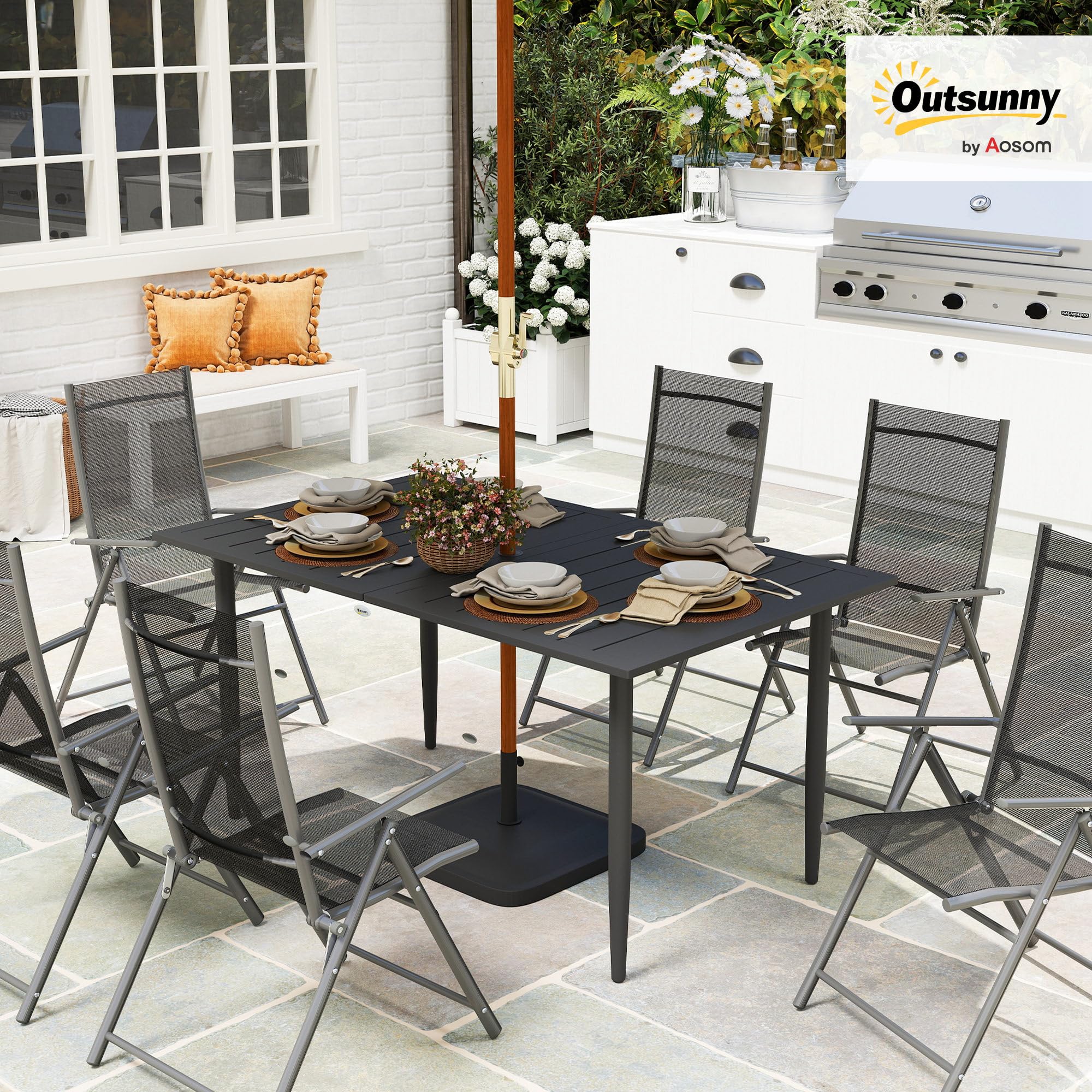 Outsunny Tavolo da Giardino Rettangolare 150x90x73 cm, Tavola da Pranzo per 6 Persone con Design a Doghe e Foro per Ombrellone in Acciaio, Per Patio, Terrazzo, Balcone ed Esterno, Nero