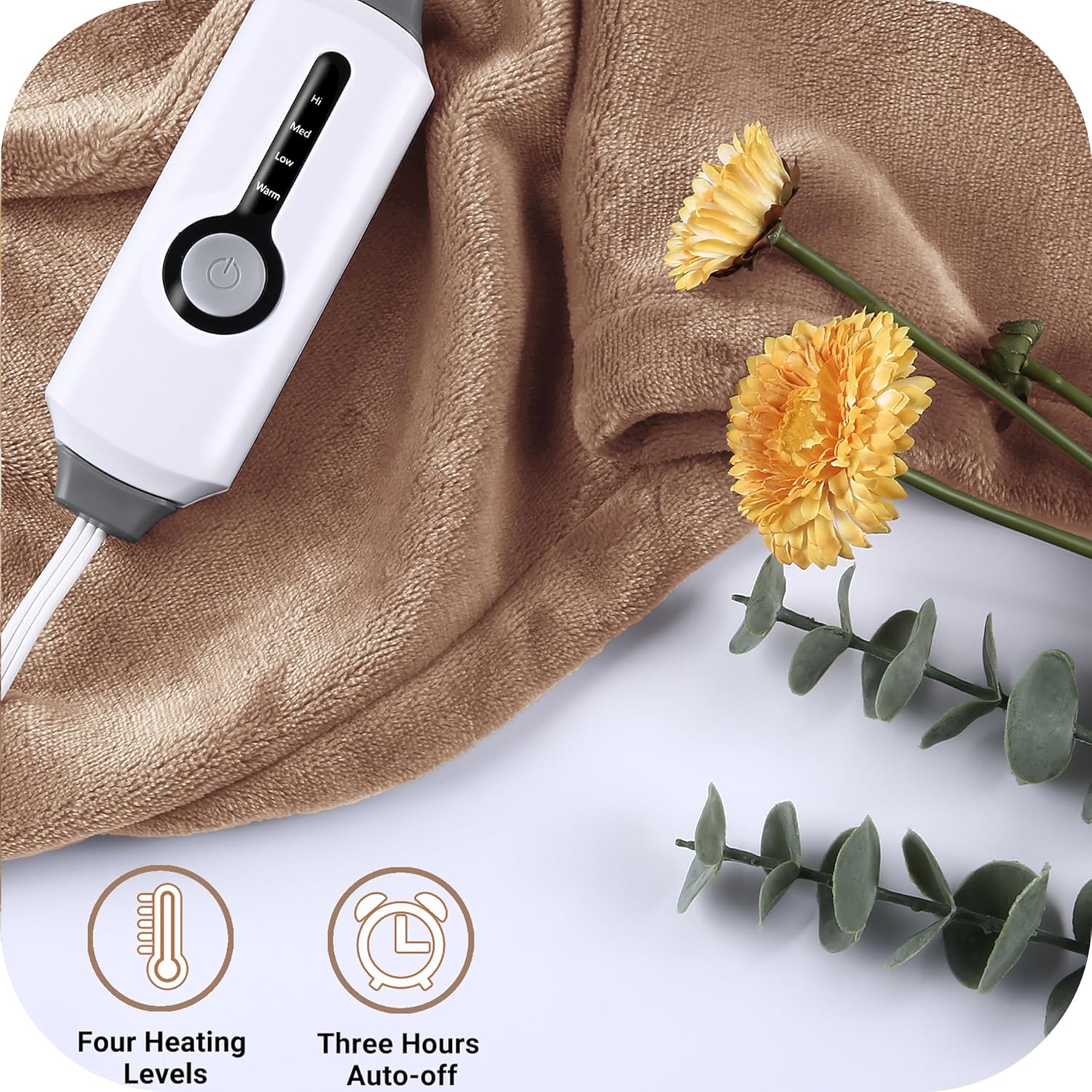 Electric Heated Blanket - Full Size 72" x 84", Soft Warm Flannel, 4 Heating Levels, 10H Timer Auto Shut Off, Home Office Use - Light Brown