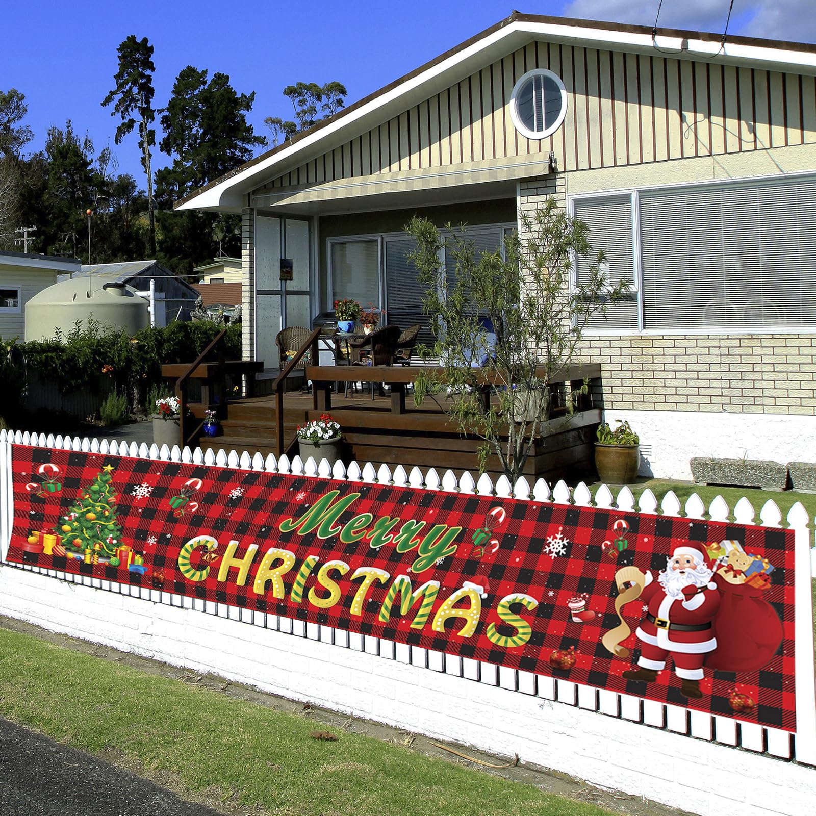 Pancarta de jardín para puerta, decoración de Navidad, bandera roja para colgar al aire libre, decoración de Navidad, pancarta de Navidad para exteriores, "Merry Christmas" (250 x 48 cm)