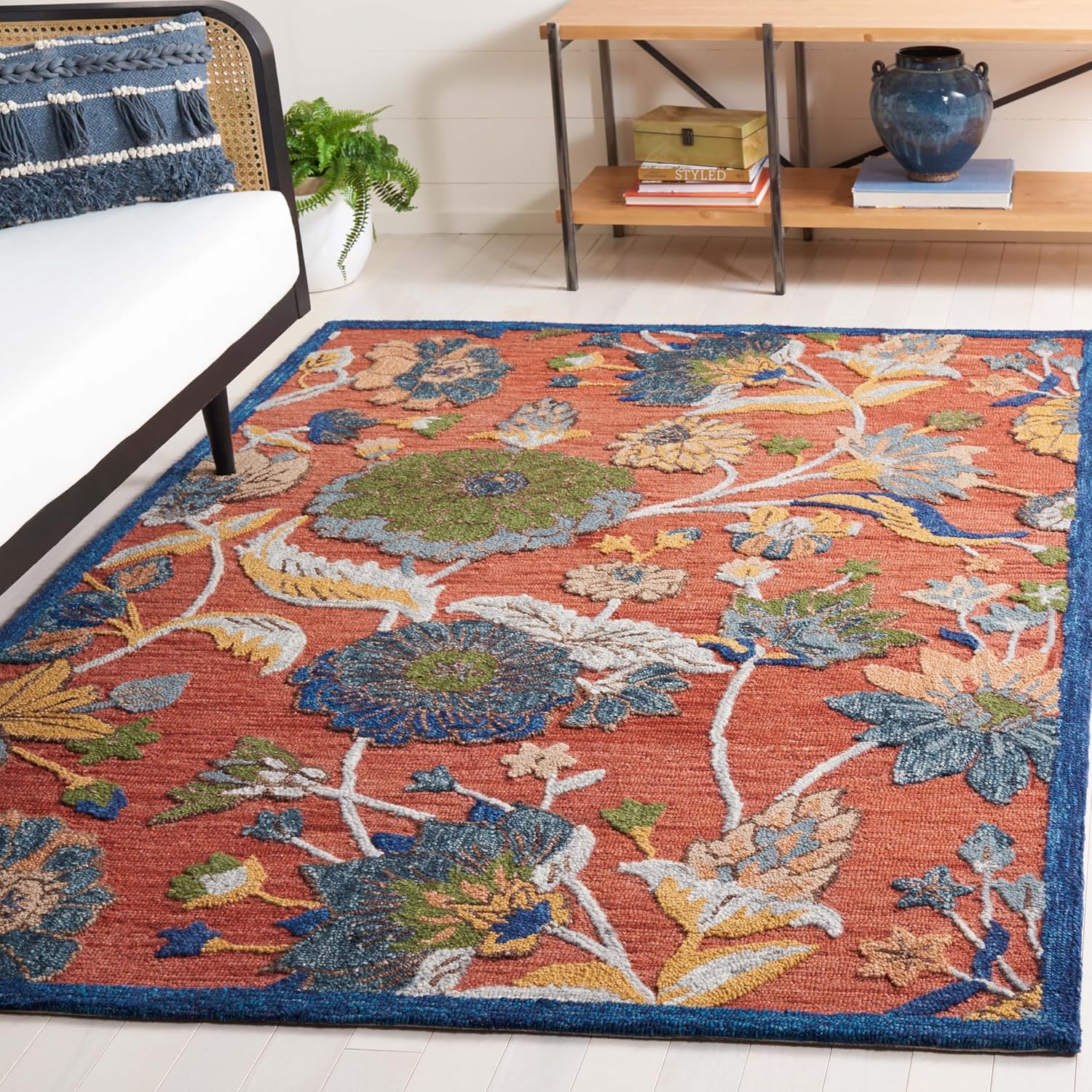 Safavieh Blossom Collection Accent Rug - 4' x 6', Orange & Blue, Handmade Wool, Ideal for The Living Room, Bedroom, Dining Room (BLM567P-4)