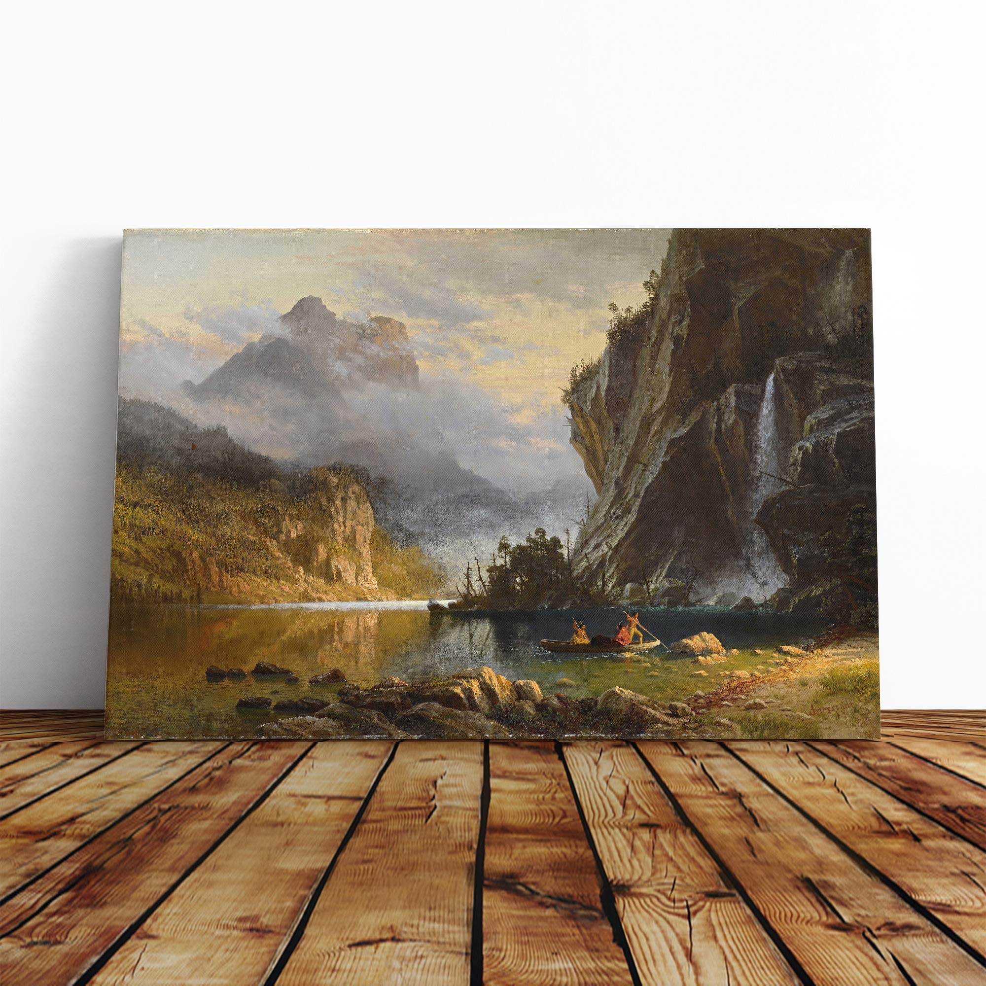 Albert Bierstadt Indians Spear Fishing Canvas Print | Gallery Wrapped 30mm Frame Wall Art | 24x16 inches | Ready to Hang | Modern Picture | Living Room Bedroom Lounge Office