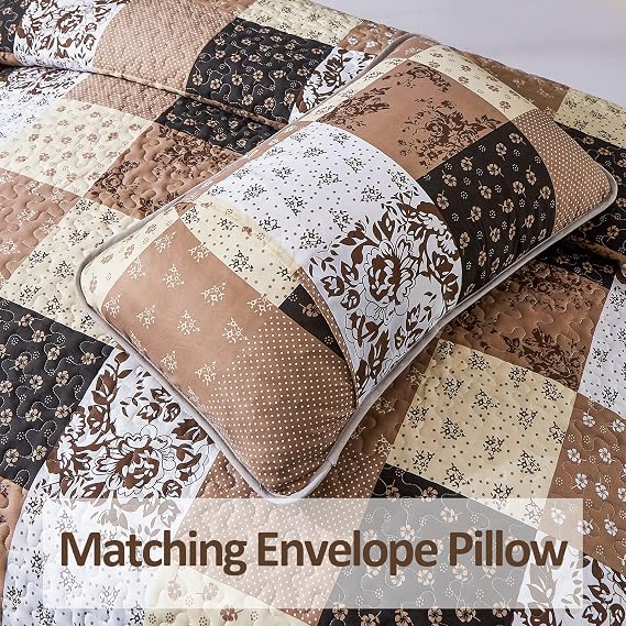 Mybedsoul Patchwork Quilt Set Queen Size,3 Pieces Brown Floral Plaid Patchwork Reversible Bedspread Coverlet Set for All Season,Summer Soft Microfiber Bedding Set Queen 90