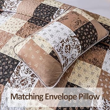 Mybedsoul Patchwork Quilt Set Queen Size,3 Pieces Brown Floral Plaid Patchwork Reversible Bedspread Coverlet Set for All Season,Summer Soft Microfiber Bedding Set Queen 90