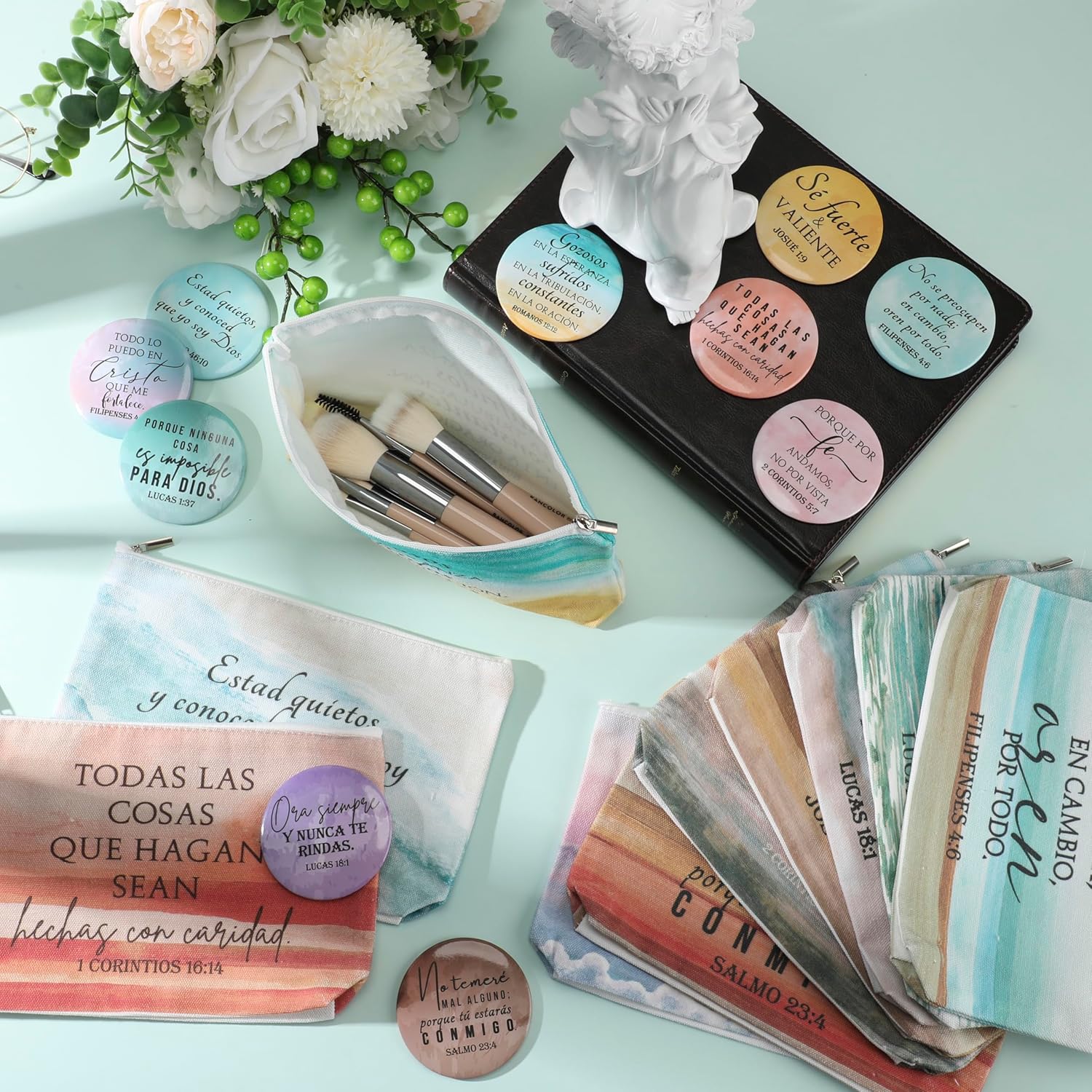 Reginary 30 Set Christian Gifts for Women Bulk Religious Canvas Makeup Bags Inspirational Bible Verse Compact Mirrors for Easter Mother's Day Church Favors Birthday(Neutral Colors,Aesthetic Style)