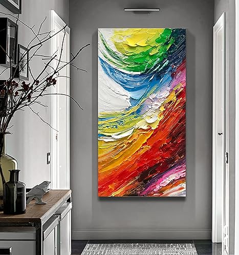 Miniatura 6 de Decoración de pared abstracta azul y roja, marco de lienzo al óleo pintado a mano, 46 x 23 pulgadas, arte moderno de pared, sala de estar,