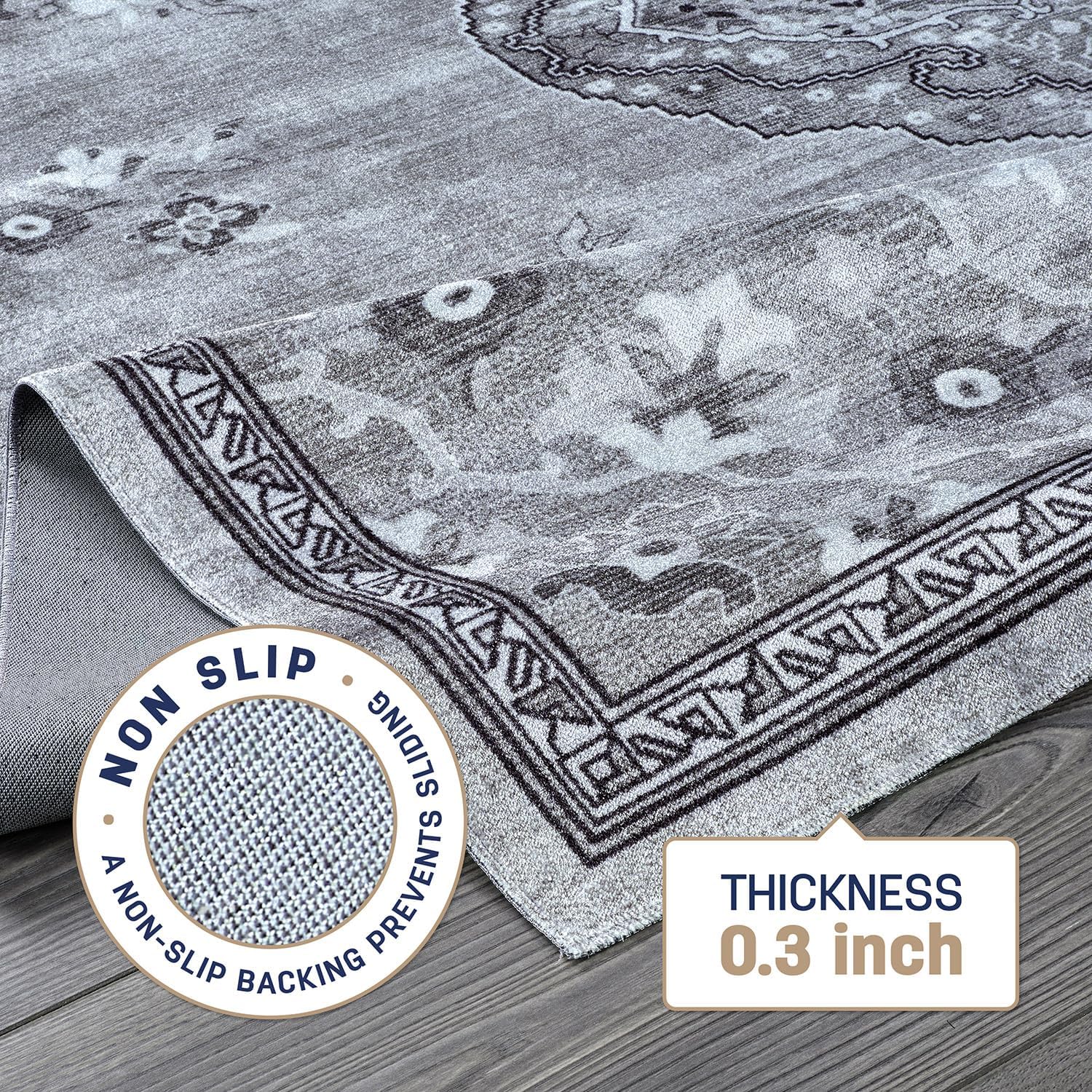 Beverly Rug Non Slip Rugs 4x6 Boho Medallion Floral Non Skid Rubber Backing Easy Silk Soft Area Rug for Living Room Easy to Clean Non Shedding Kitchen Bedroom Indoor Carpet (4 x 6 Gray - Dark Gray)