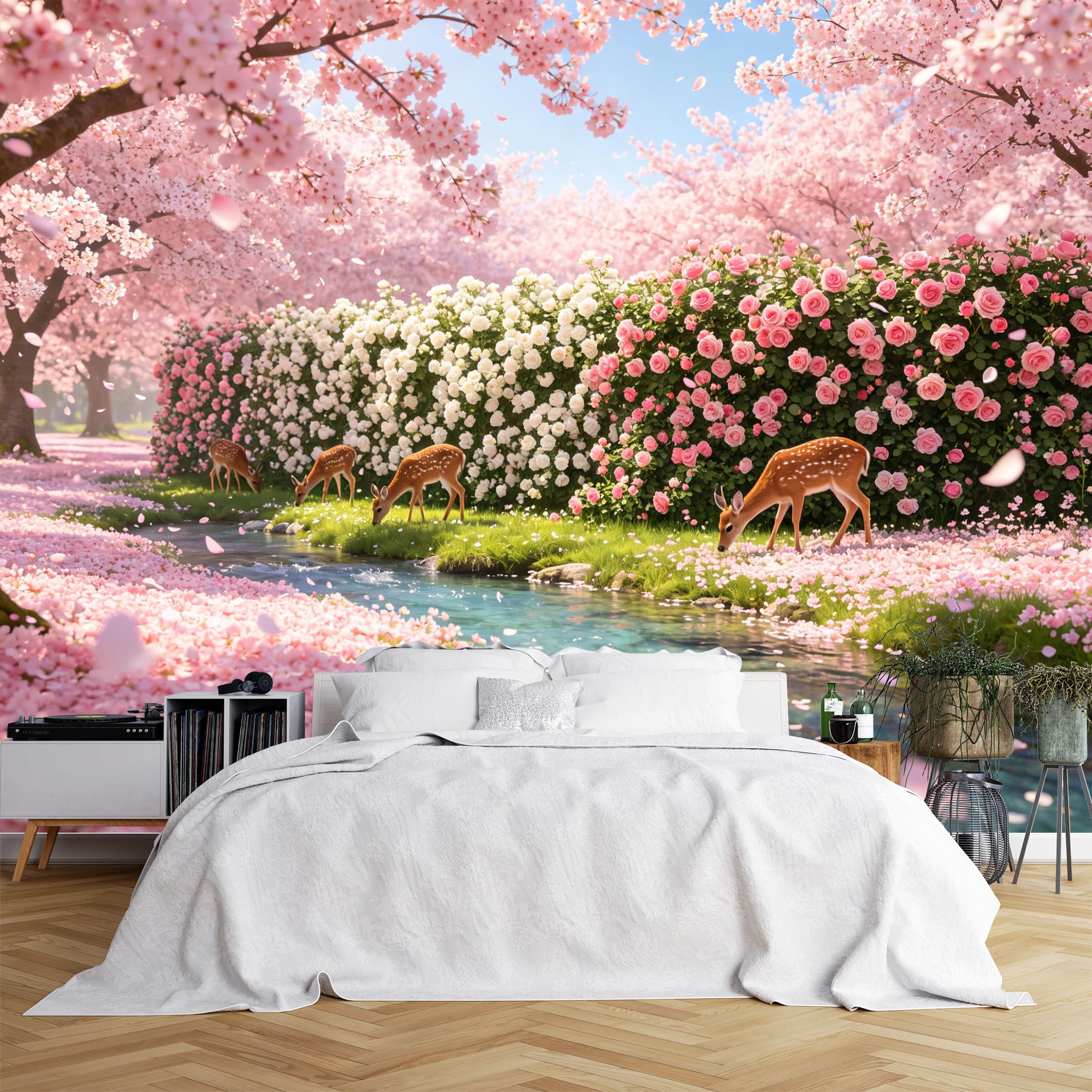 Lcythiazole Ch260615153 Custom Size Wall Murals Cherry Blossom Stream Sika Deer Garden Wall Murals Spring Nature Wallpaper Hd Home Decor Self-Adhesive Removable Wallpaper For Bedroom