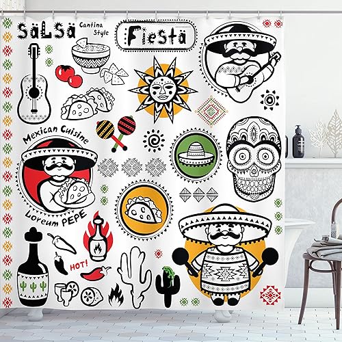 Miniatura 78 de Ambesonne Cortina de ducha amarilla, inspirada en pícnic, temática de los años 50, 60 y 70, estampado de lunares retro, juego de decoración de baño