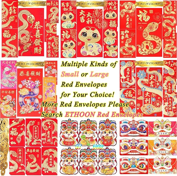 ETHOON 18 Pcs Red Envelopes Chinese New Year 2025 Snake Shape Lunar New Year Hong Bao Red Pocket Lucky Money Envelopes Cash For Gifts Spring Festival Lion Dancing Set