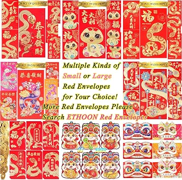 ETHOON 18 Pcs Red Envelopes Chinese New Year 2025 Snake Shape Lunar New Year Hong Bao Red Pocket Lucky Money Envelopes Cash For Gifts Spring Festival Lion Dancing Set