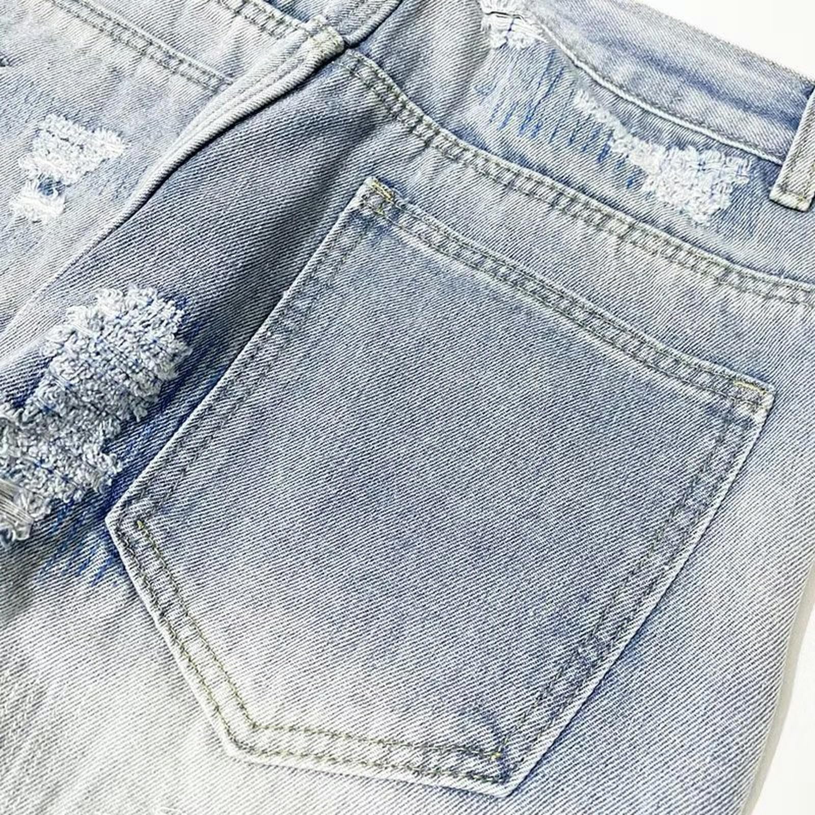 Jeans da Uomo Larghi con Toppa alla Moda in Jacquard elettronico, Stile Distrutto e Lavato - Blu - S