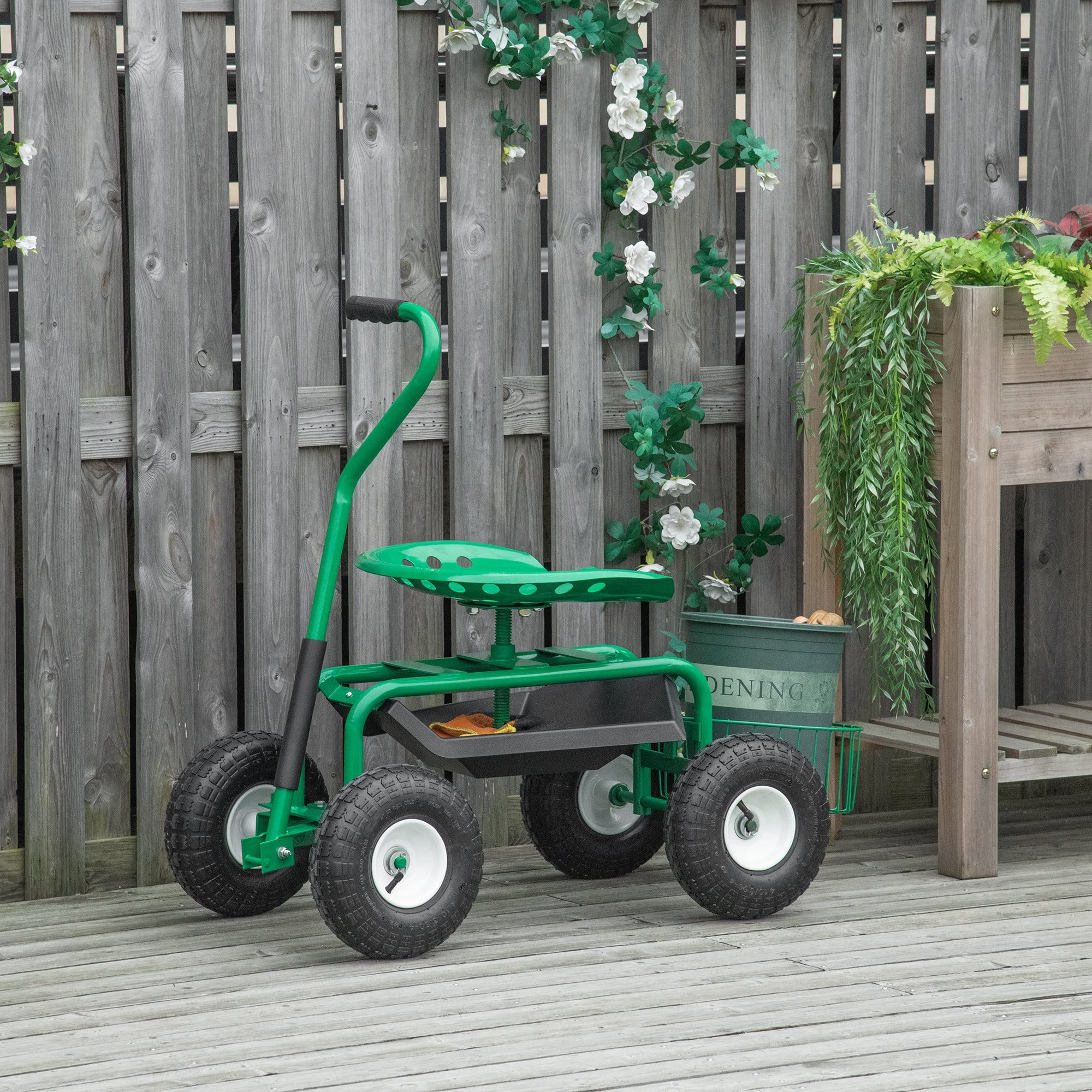 Outsunny Rollsitz 360 ° Drehbar Höhenverstellbar Gartenwagen Rollen Grün | Mit Ablagefläche, Griff, Mobiler Gartensitz, Arbeitssitz, Gartenhocker, Bis 150 kg, Metall, Gartenrollsitz