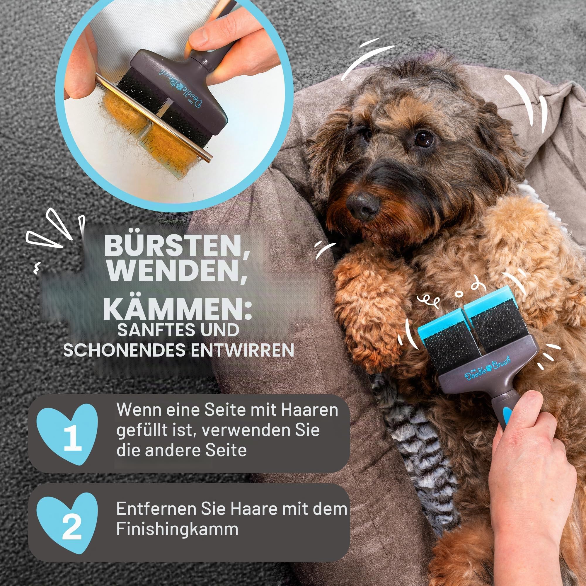 The Doodle Brush Slicker-Bürste für Hunde für Doodles & Pudel, Doppelkopf | Lange Pins, Flexibler Bürstenkopf, Sanftes Entfilzen, Lockiges Fell, Für Langhaarige Rassen, Tägliche Pflege, Goldendoodles