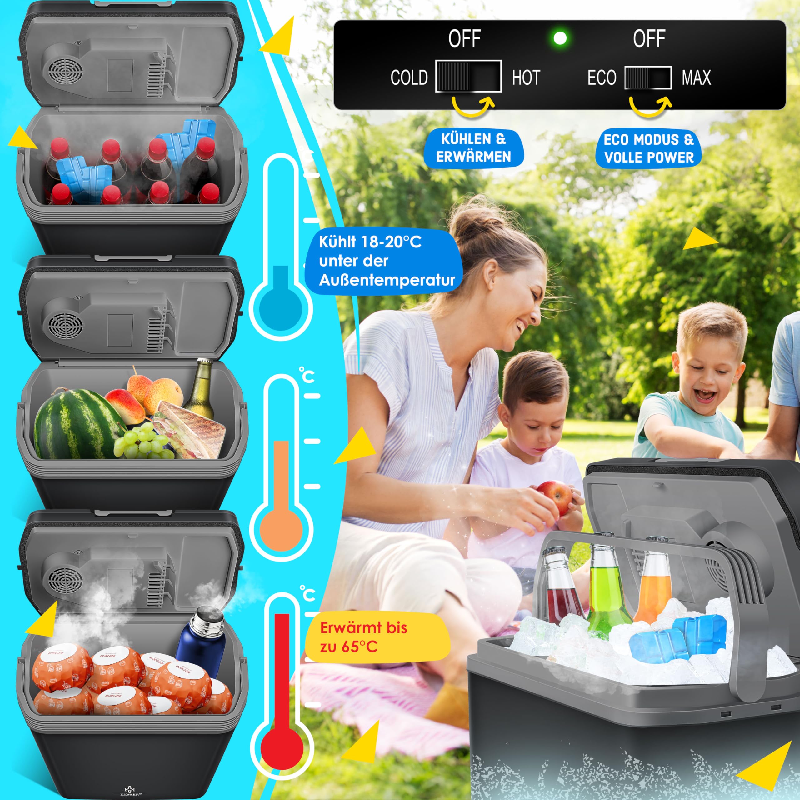 KESSER® Nevera eléctrica portátil 24 litros | ENFRÍA y CALIENTA | Enfriador Termoeléctrica 12V y 230V | Mini Nevera para Auto y Camping | EEK A+++ | Incluye 2 acumuladores de frío