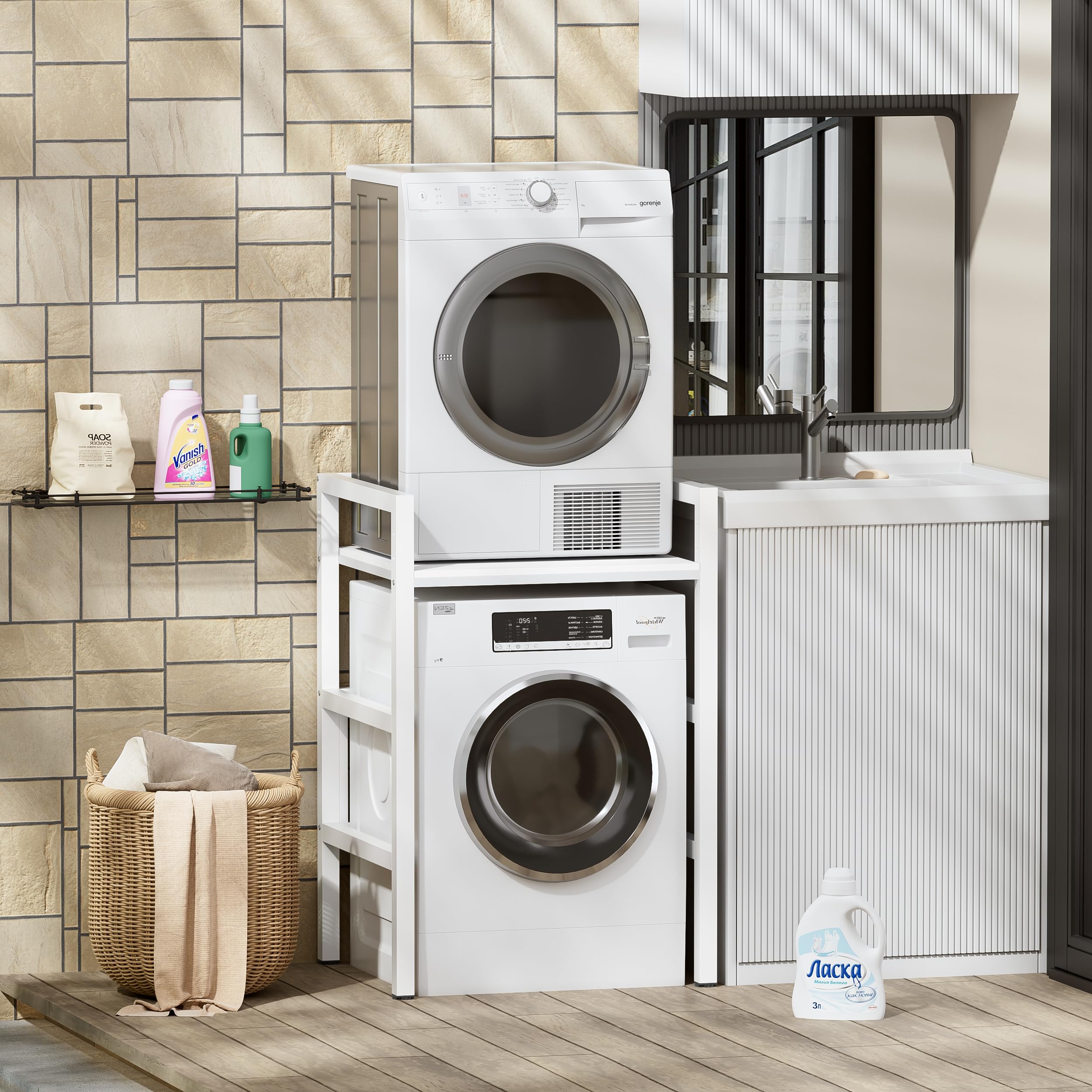 MSFE Regal über Waschmaschine,Höhenverstellbarer Wäschetrocknerständer,Lagerregal über der Waschmaschine, Tragfähigkeit 350 kg,für Waschmaschine und Trockner,73 * 64 * 110cm,Patentiertes Produkt