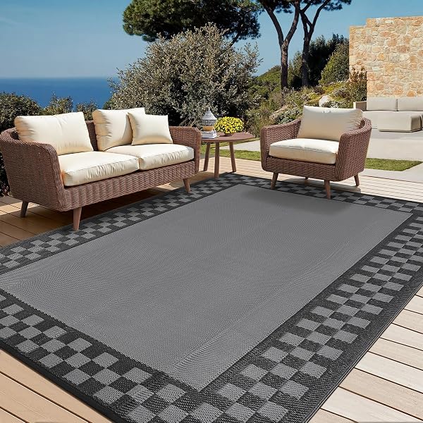 CAROMIO Outdoor Teppich 240 x 300 cm, Wasserdicht Wendbar aus Kunststoffstroh, Wohnmobil-Matte, Indoor- und Outdoor-Teppich im Sonderangebot für Terrasse, Camping Balkon Veranda Garten, Schwarz/Grau - 2