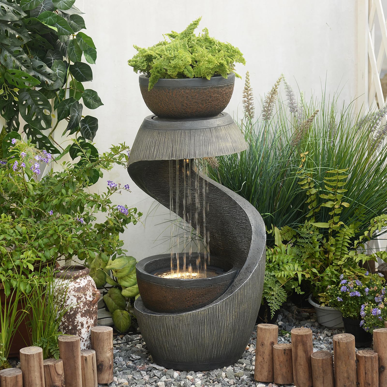 Bumilgar Gartenbrunnen Brunnen Zierbrunnen Zimmerbrunnen Brunnen Springbrunnen mit LED-Licht Wasserfall Wasserspiel für Garten,Balkon,Terrasse, 82 cm