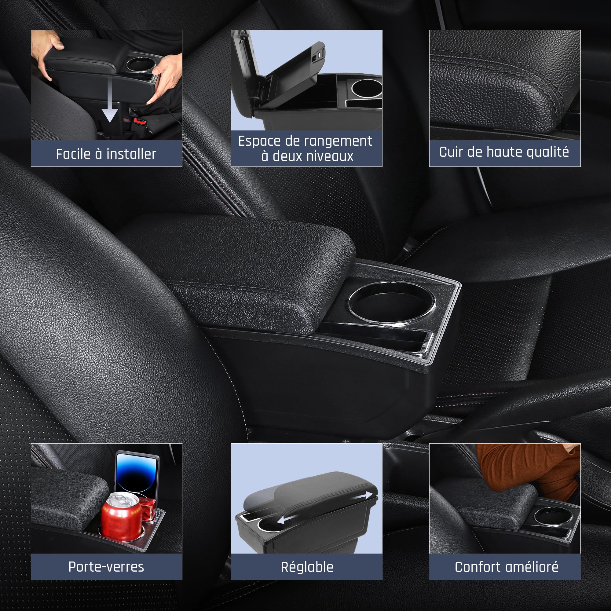 Accoudoir Voiture pour Citroen Berlingo 2010-2020 | Espace de Stockage à Deux Niveaux, Porte-boissons, Montage Facile, Accoudoir de Voiture Réglable, Cuir PU, Ligne Noire