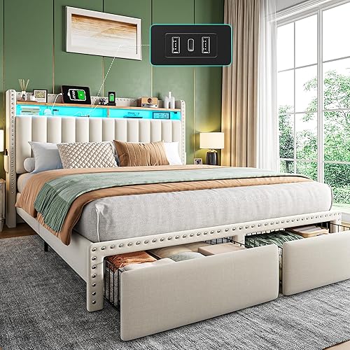 EnHomee Queen Bed Frame with 2 Storage Drawers, Upholstered Platform Bed with LED Lights and Charging Station, Sturdy Wooden Slats Support, No Box Spring Needed, Noise Free, Beige - Queen - Beige
