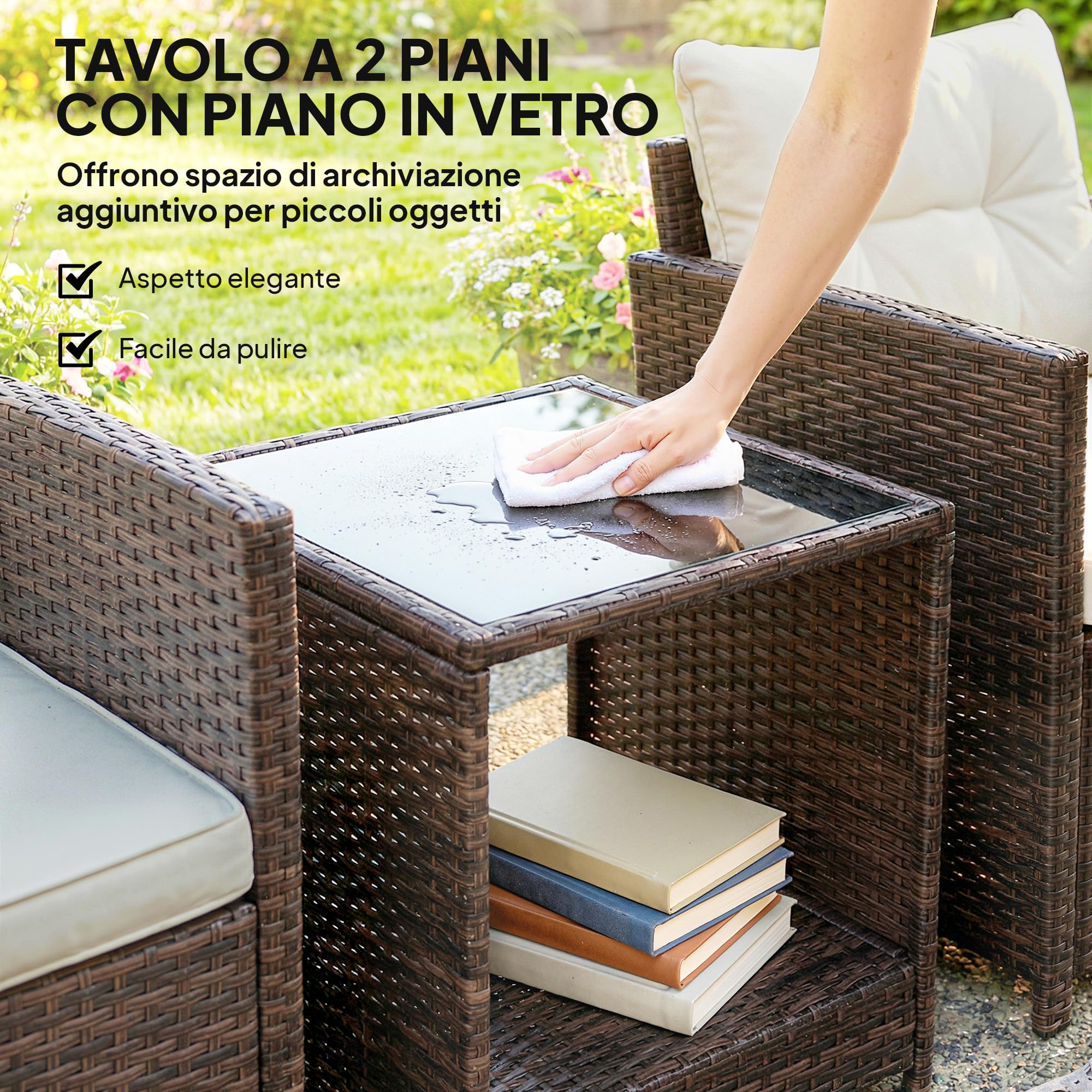 Outsunny Set da Giardino 3 Pezzi in Rattan PE e Acciaio, Set 2 Poltrone con Cuscini e Tavolino da Caffè con Piano in Vetro, Set di Mobili da Balcone, per Patio e Cortile, Marrone e Crema