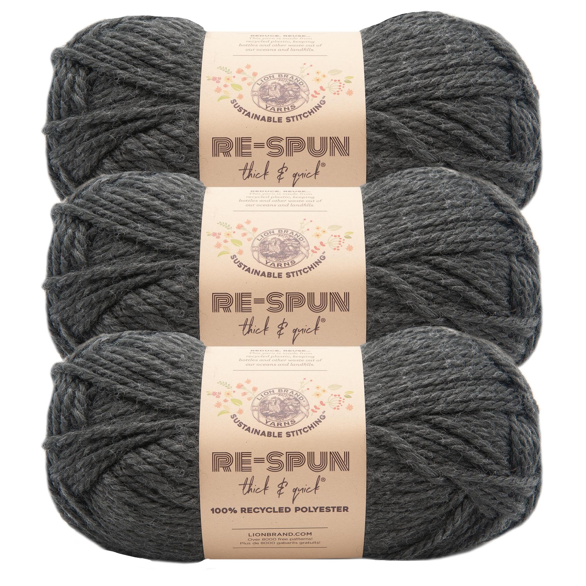 Lion Brand Yarn, Re-Spun Thick & Quick Yarn, Raven, Black, 3 Pack