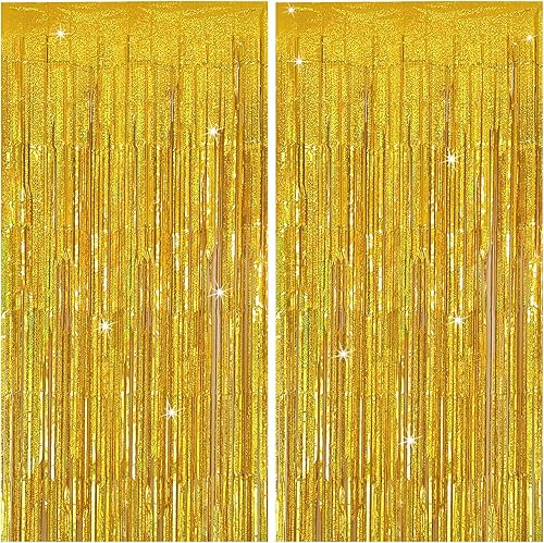 Cortina de oropel para fiesta, telón de fondo dorado para decoración de cumpleaños, 2 paquetes de cortinas de flecos de papel de aluminio con