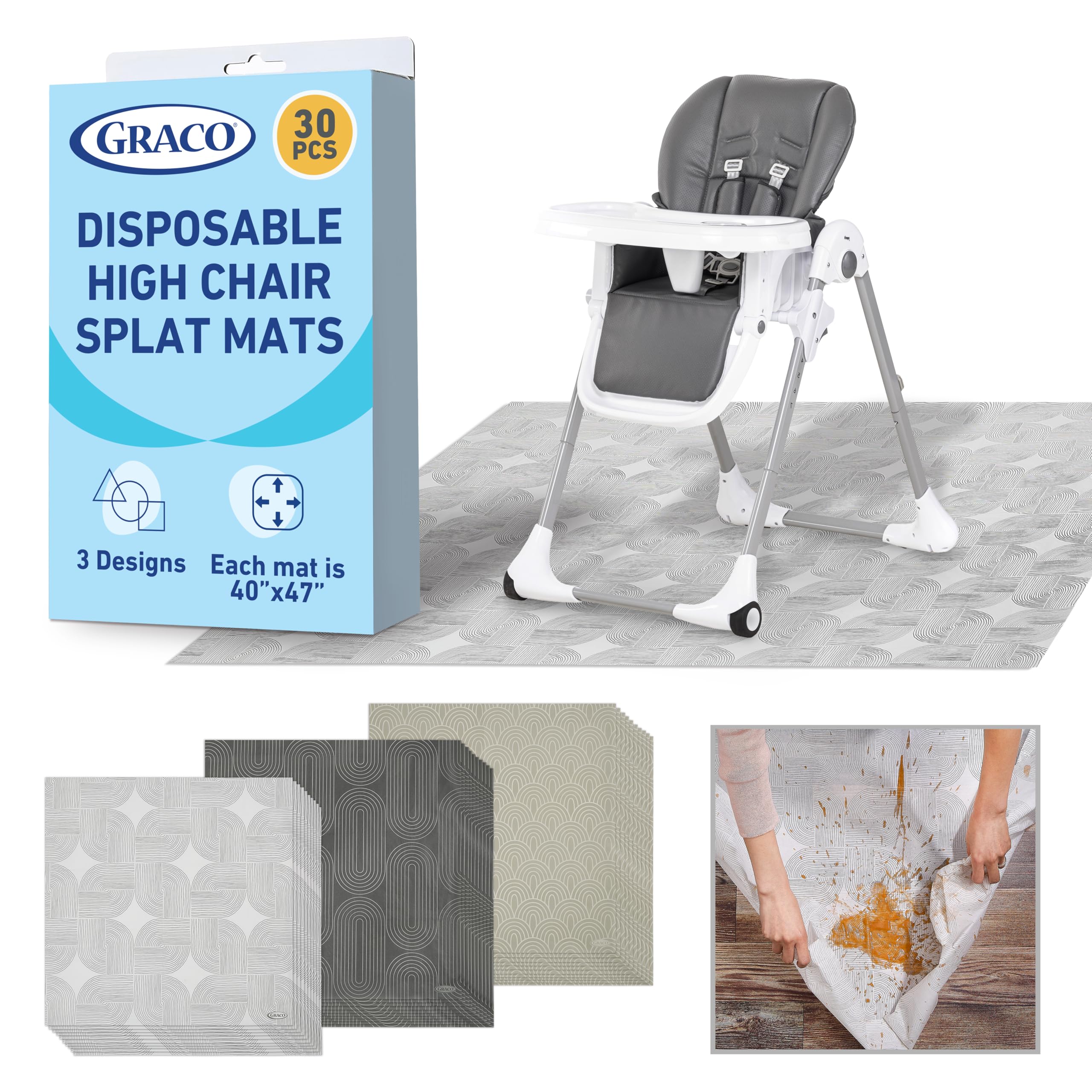 Graco Baby Disposable Splat Mats, 30 Sheets with Assorted Designs, 47" x 40", Eco-Friendly Floor Protector for Mealtime, Home &amp; Restaurant Use