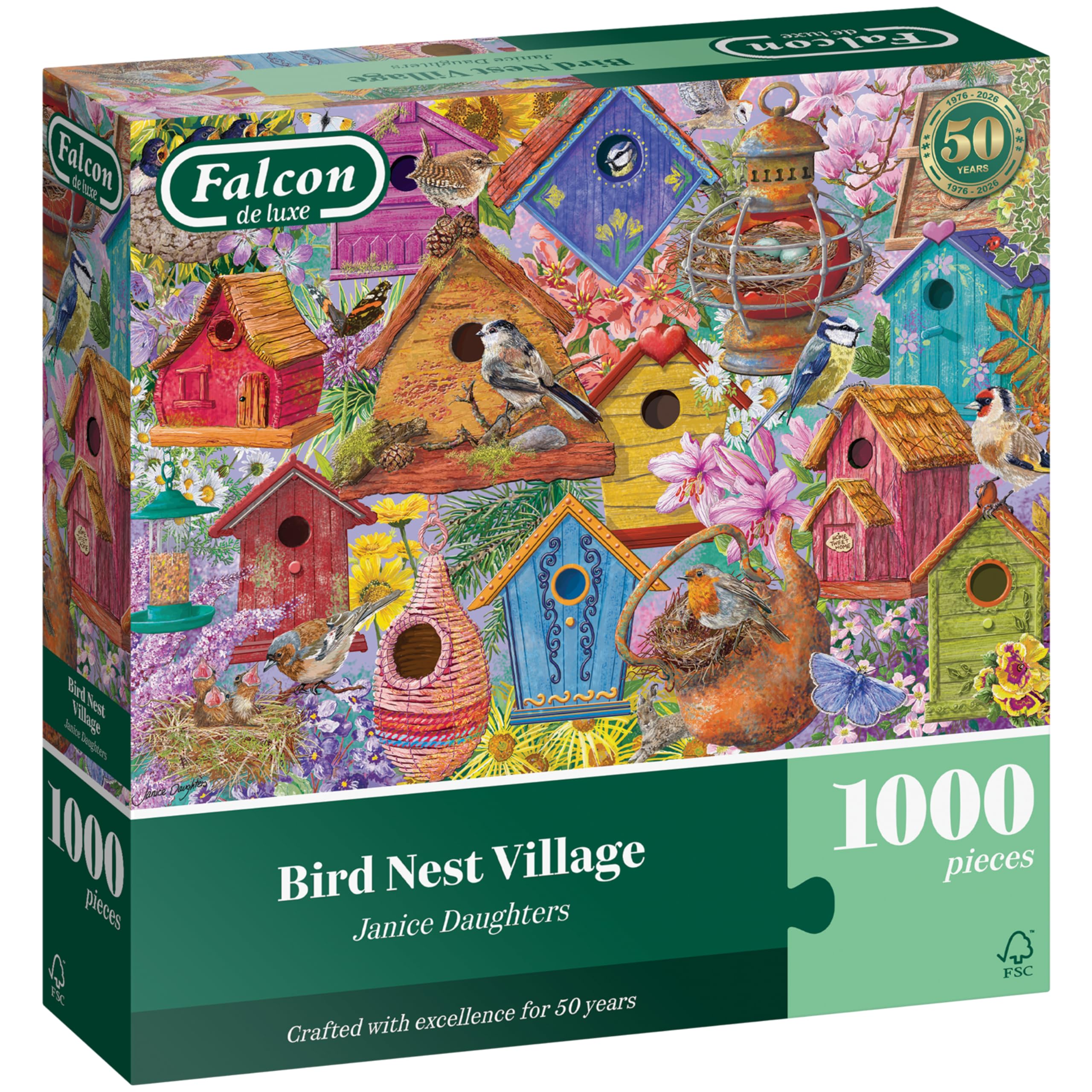 Falcon Bird Nest Village – Beautifully Illustrated Garden Puzzle with Premium FSC Certified Materials – Wildlife 1000 Piece Jigsaw Puzzles for Adults, Perfect Birthday 68 x 49cm
