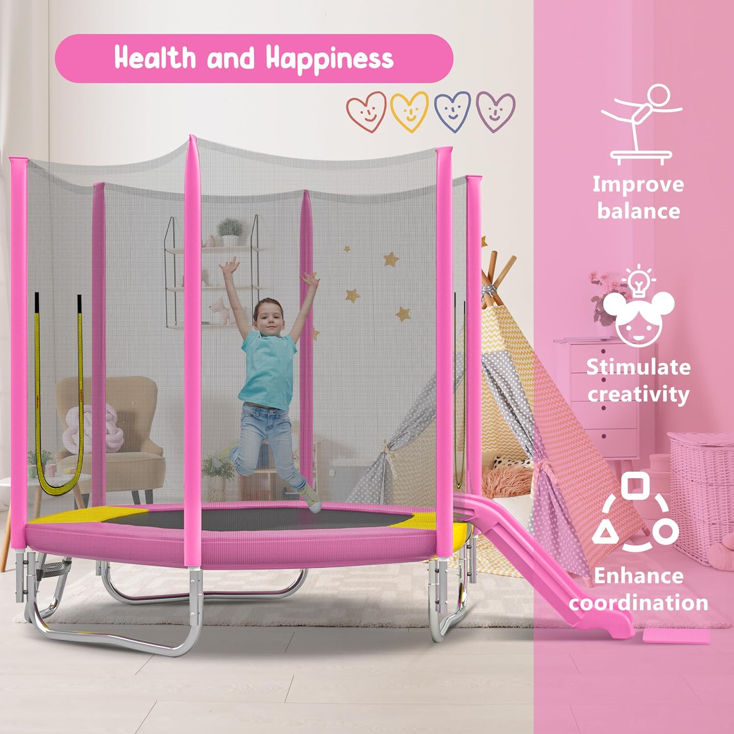 Merax 7FT Kids Trampoline with Safety Enclosure Net, Slide and Ladder, Easy Assembly Round Outdoor Recreational Trampoline