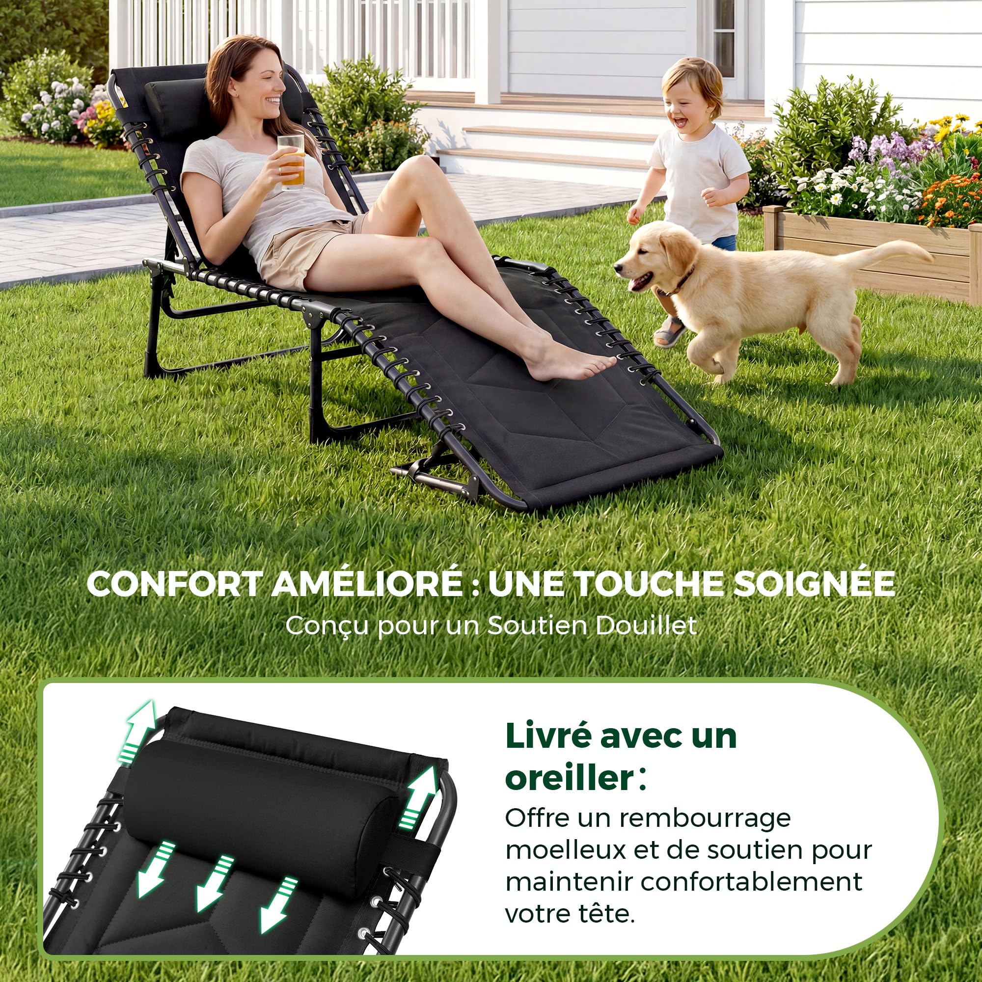 Palawano Transat de Jardin Extérieur Pliable Rembourré 190 × 70cm | Dossier Réglable 5 Positions , Appui-Tête Réglable, Cadre en Acier Supportant 200kg, Toile Oxford 600D ; Plié : 75×55×13cm
