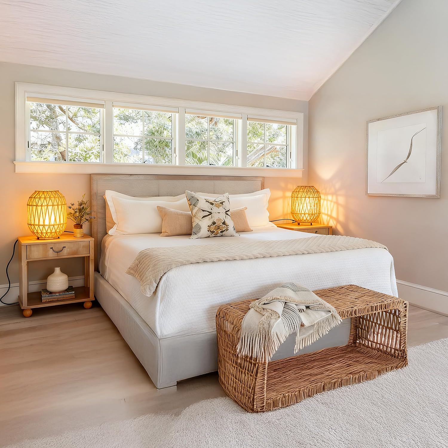 Bamboo Rattan Table Lamp for Living Room, Boho Handmade Woven Cylinder Rope Lampshade Standing Lamp with Natural Base, Industrial Wicker Desk Light Decoration for Bedroom, Farmhouse