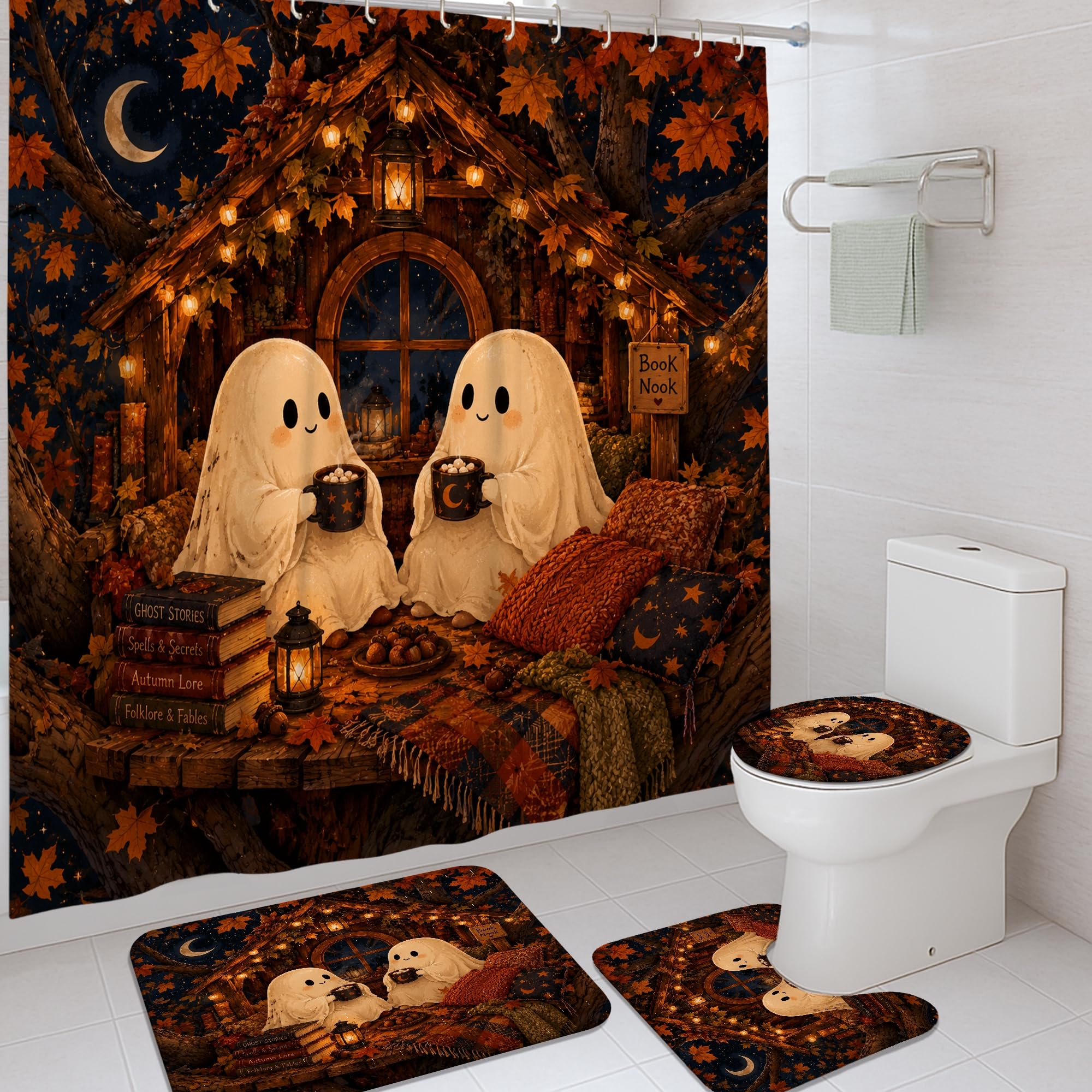 Rideau de douche fantaisie orange en toile robuste 183 cm avec tapis confort