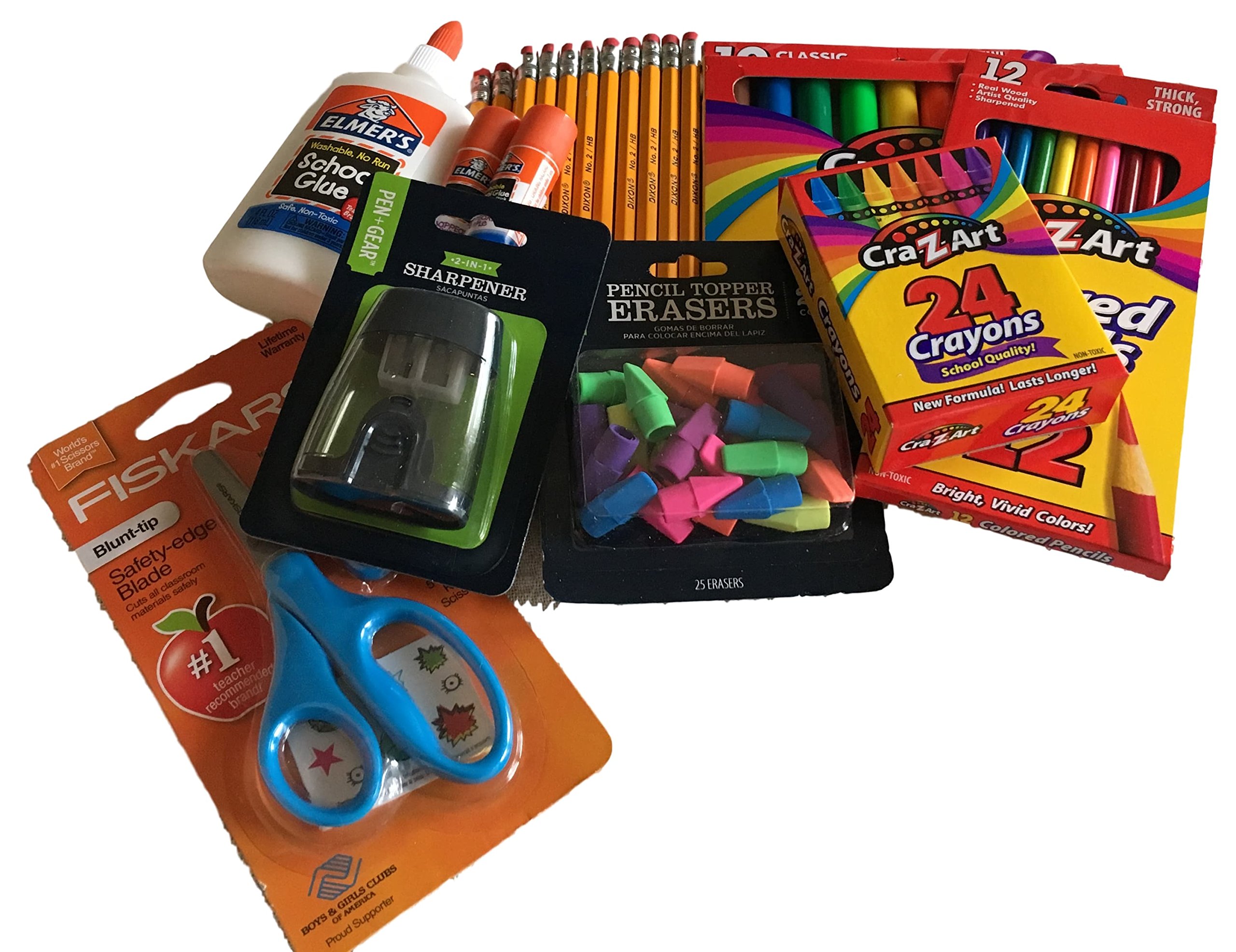 Classroom Supply Pack Bundle -Safety-Edge Scissors, 24 Crayons, 12 color pencils, 20 pencils with sharpener, Elmer's Glue sticks, 4oz Elmer's Glue, 10 washable markers, 25 eraser toppers.
