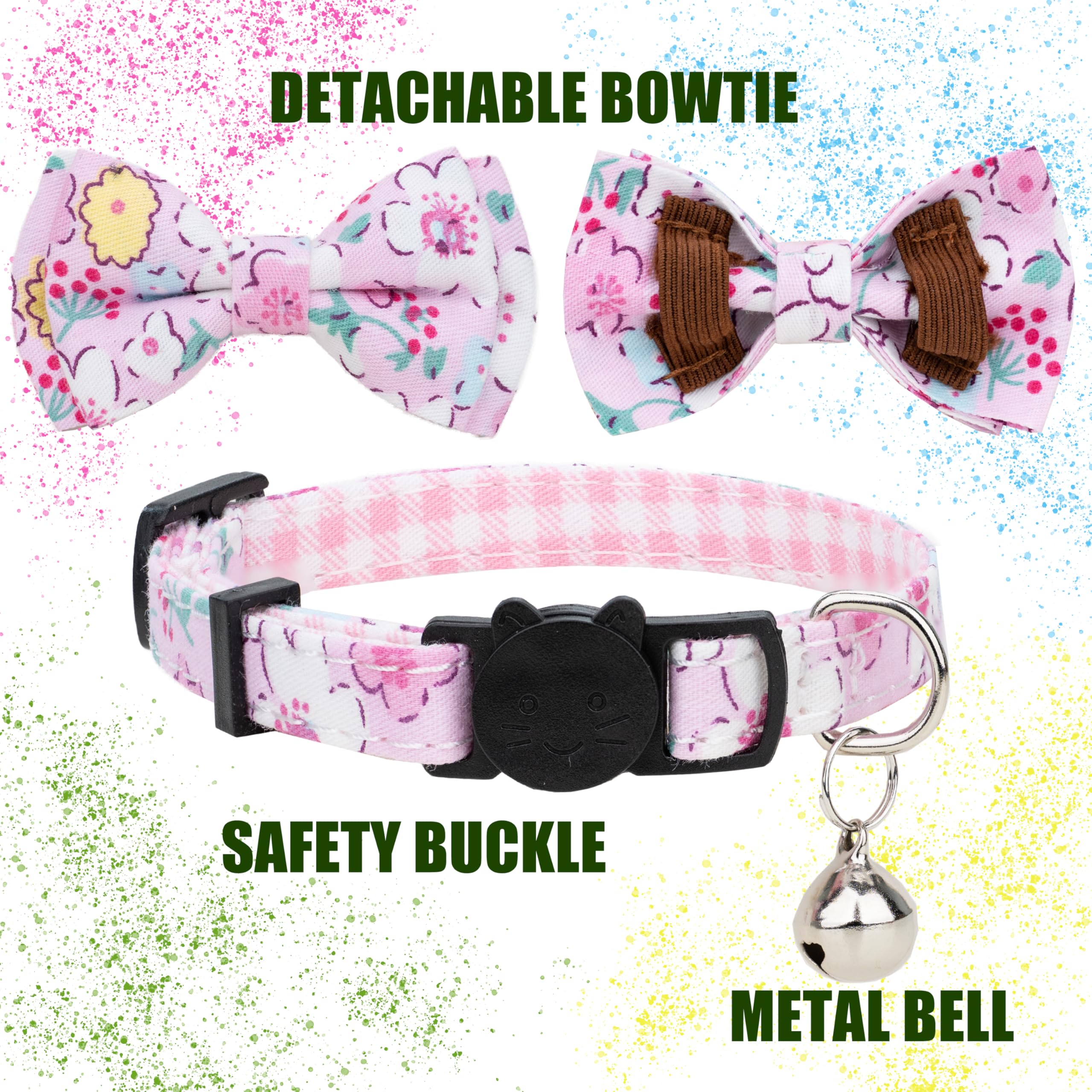 Collar para gatos y mascotas, con campana, pajarita floral, desmontable, ajustable, seguridad, cachorro, 2 unidades, verde y rosa perlado